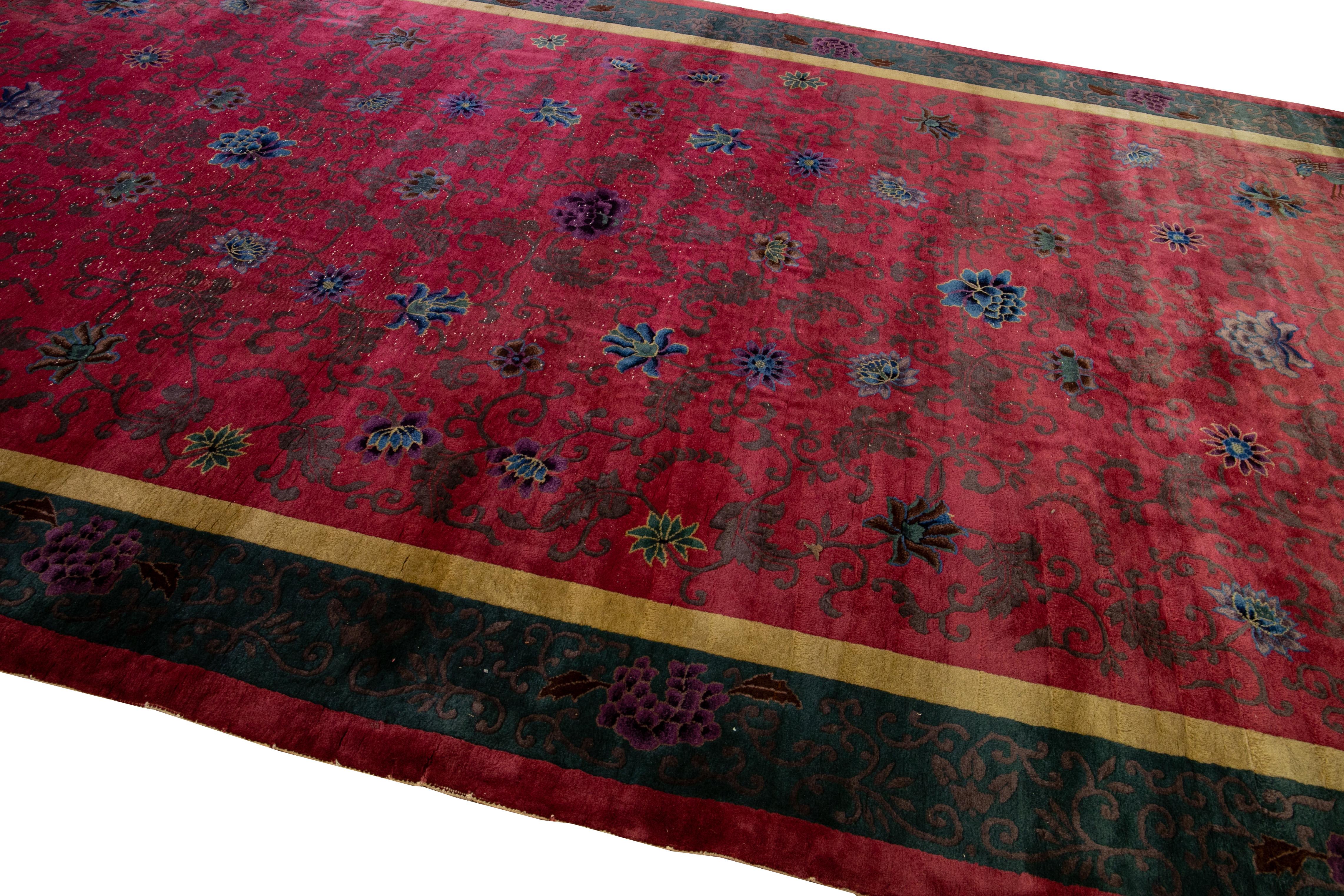 Antique Art Deco Handmade Chinese Floral Red Wool Rug For Sale 2