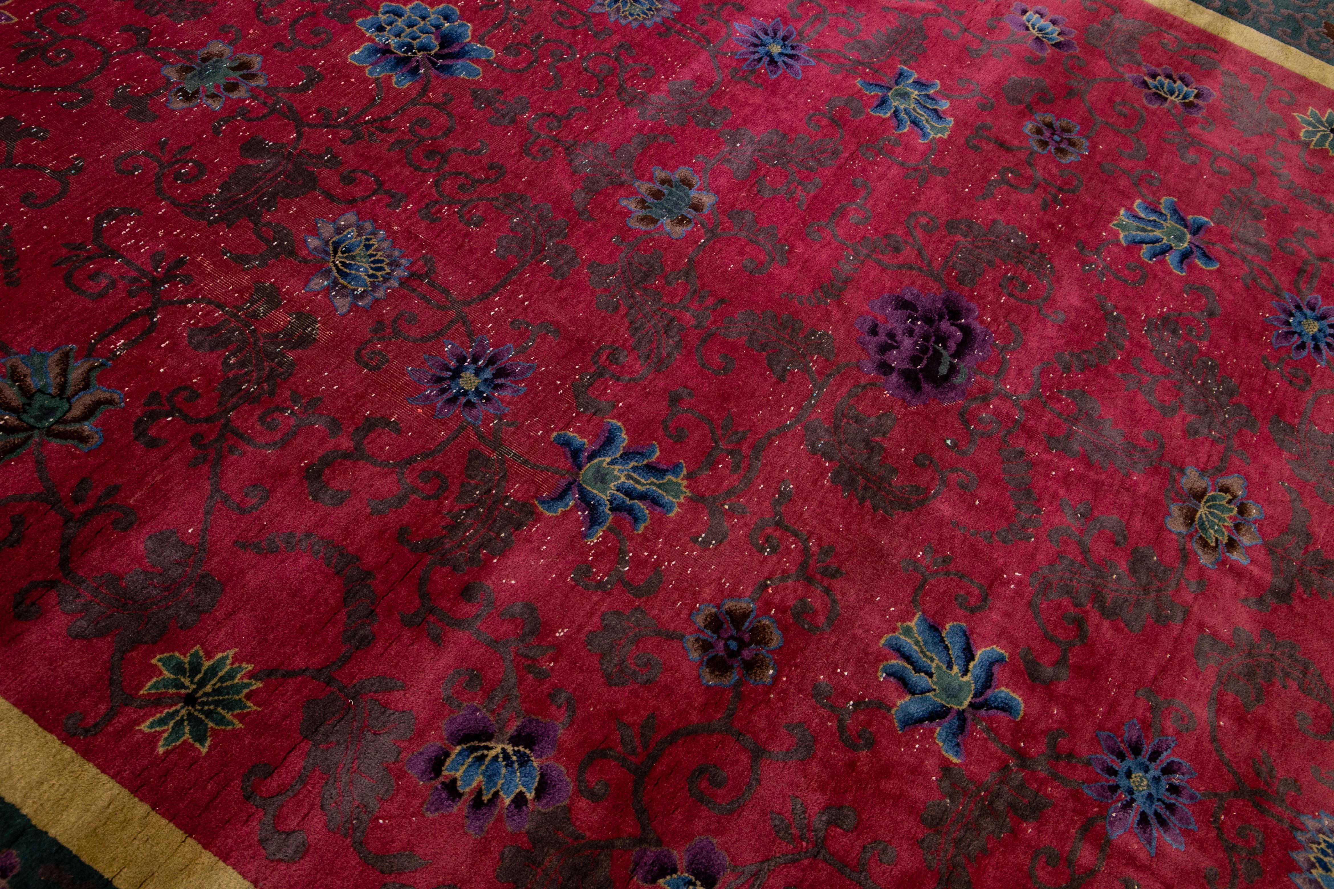 Antique Art Deco Handmade Chinese Floral Red Wool Rug For Sale 3