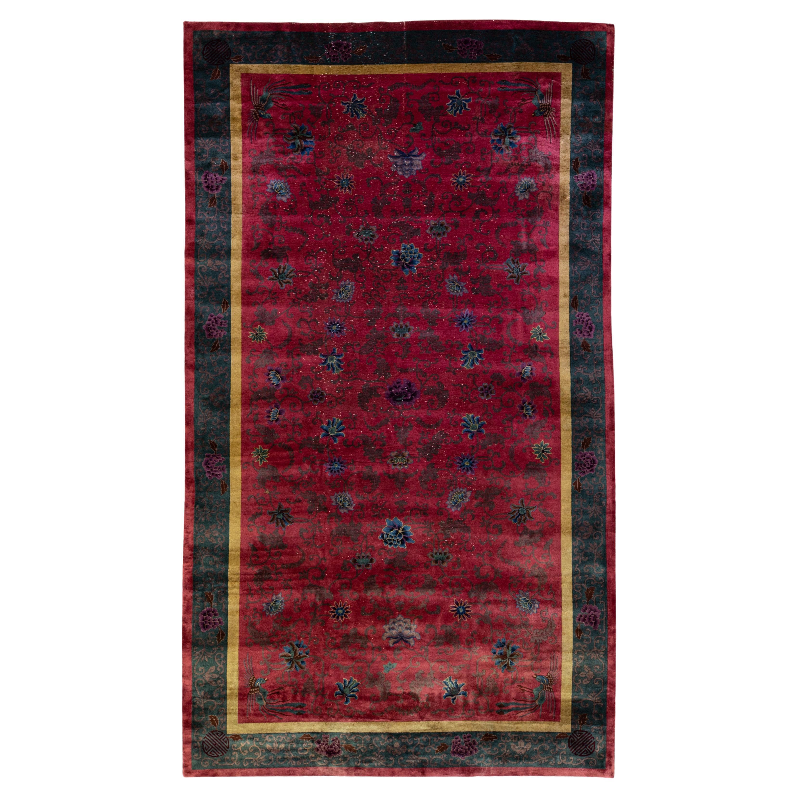 Antique Art Deco Handmade Chinese Floral Red Wool Rug For Sale