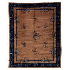 Tappeto antico in lana cinese fatto a mano in stile Art Deco, marrone con motivi floreali