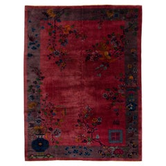 Antique Art Deco Handmade Chinese Wool Rug In Burgundy Red