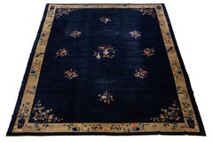 Antique Art Deco Handmade Chinese Wool Rug In Navy Blue With Floral Pattern