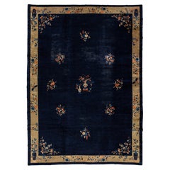 Antike Art Deco handgefertigten chinesischen Wollteppich in Marineblau mit Blumenmuster