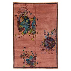 Tappeto antico in lana cinese fatto a mano in stile Art Deco, color pesca con disegni floreali