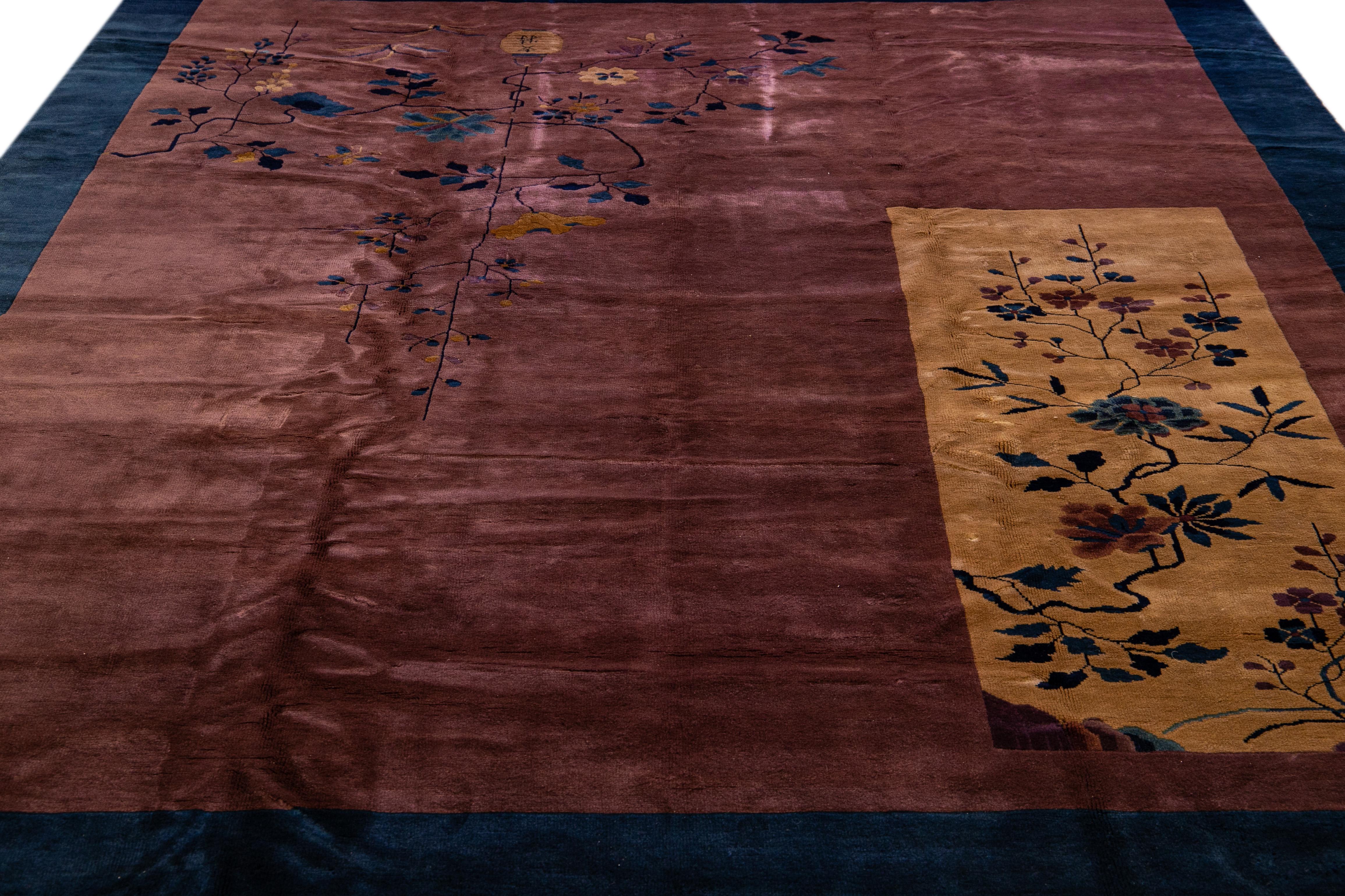 Hand-Knotted Antique Art Deco Handmade Floral Chinese Burgundy Wool Rug For Sale