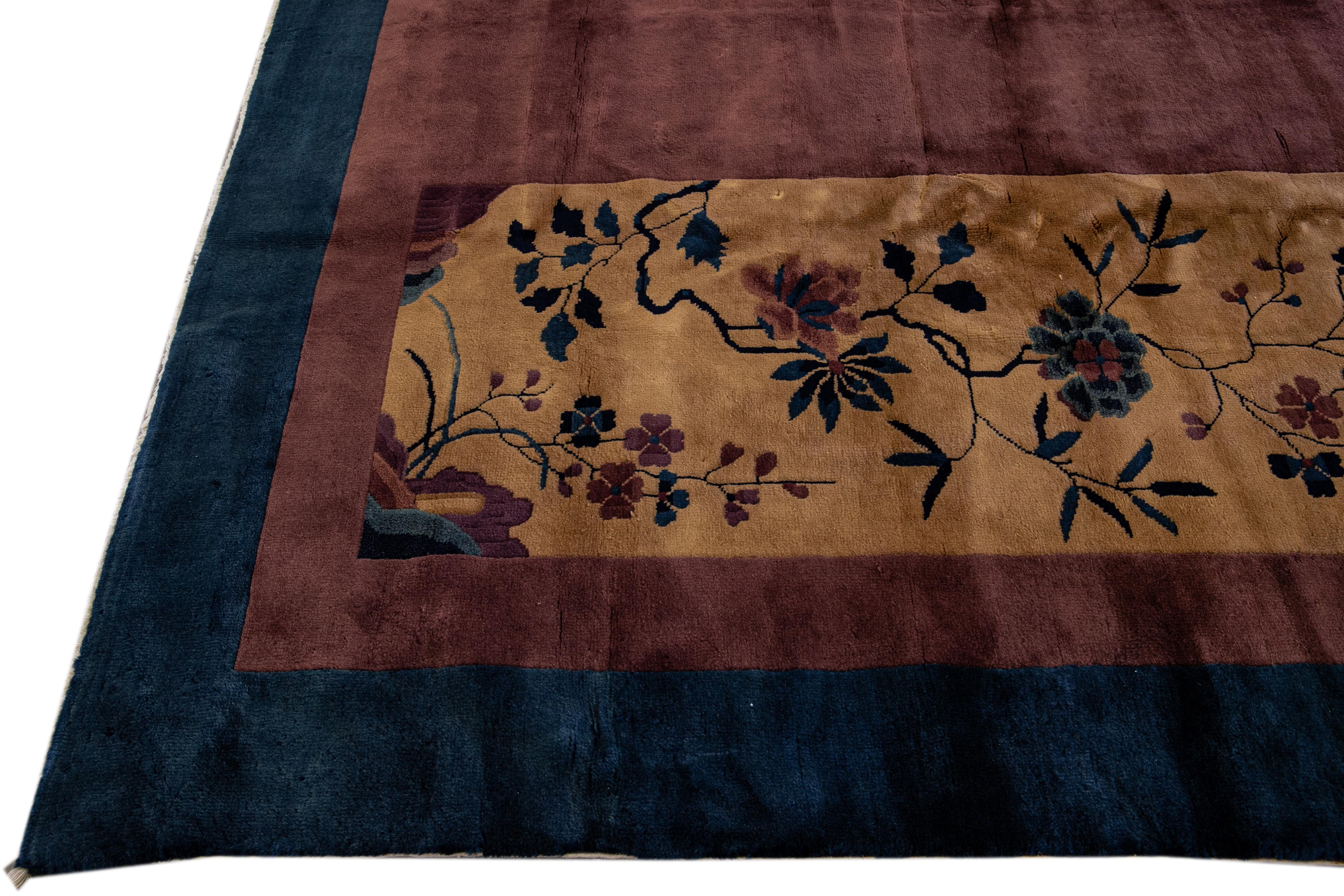 Antique Art Deco Handmade Floral Chinese Burgundy Wool Rug In Excellent Condition For Sale In Norwalk, CT