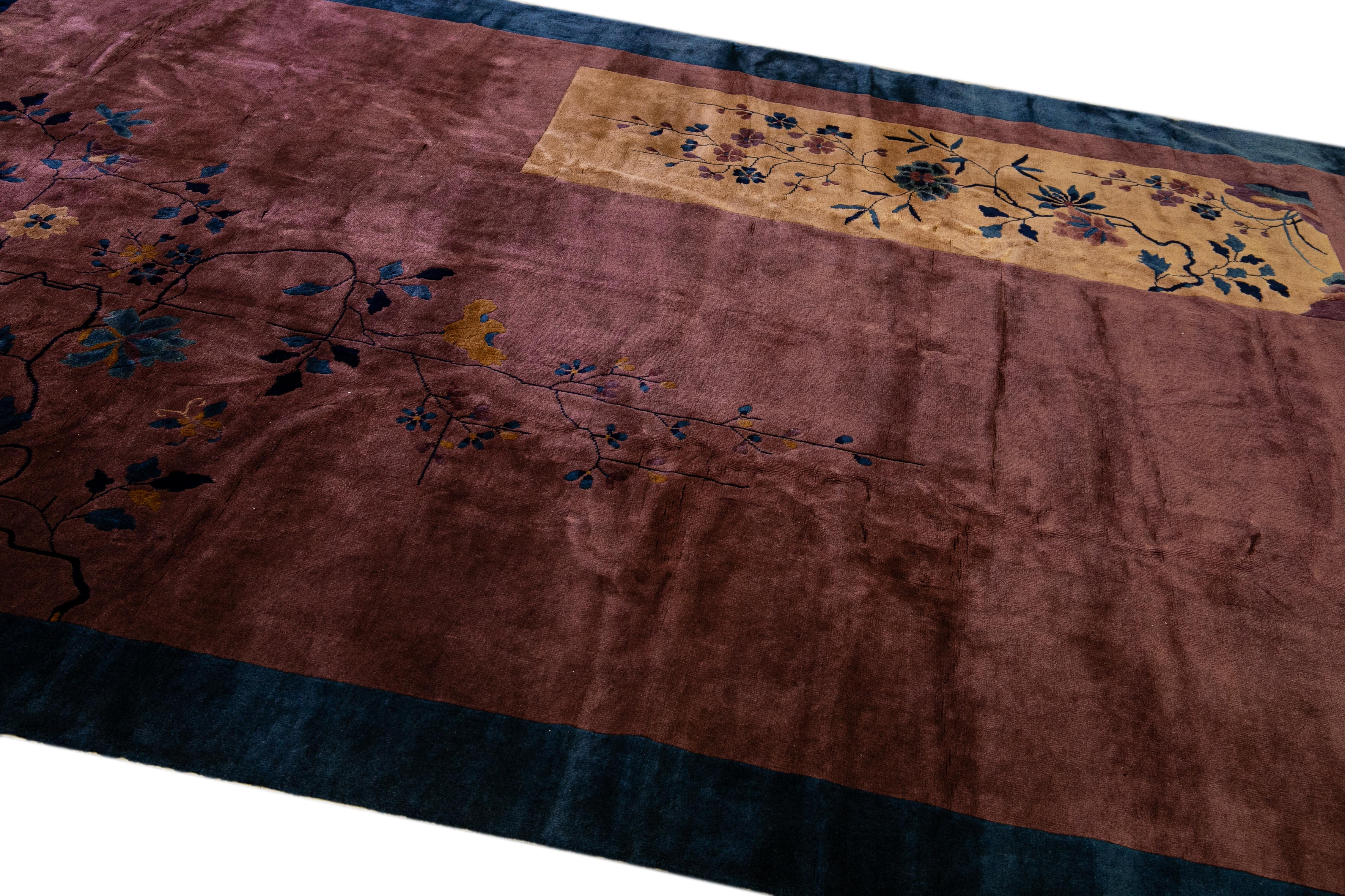 Antique Art Deco Handmade Floral Chinese Burgundy Wool Rug For Sale 2
