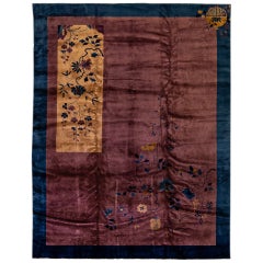 Tapis Art Déco ancien en laine bordeaux chinois à fleurs fait à la main
