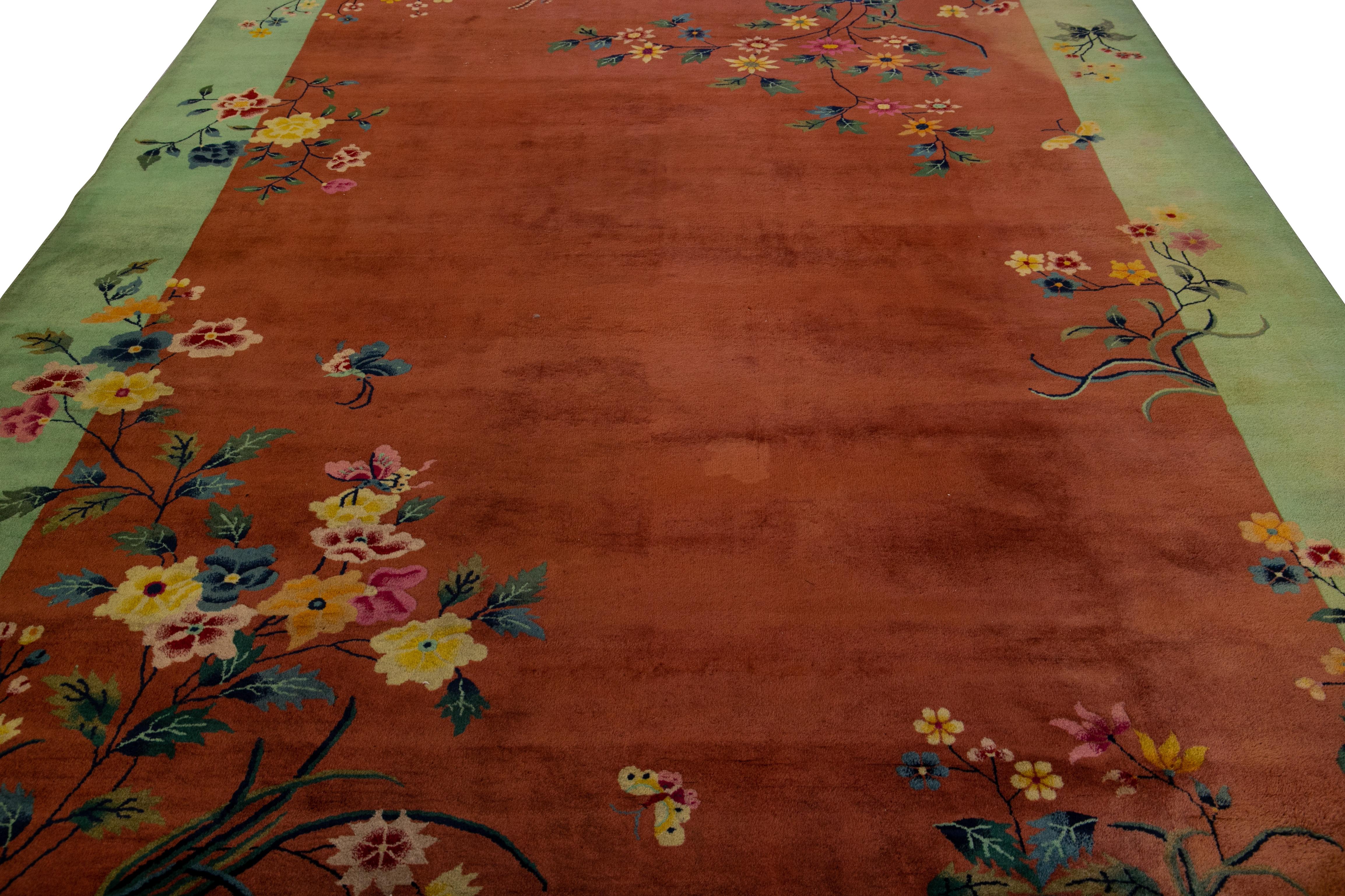 Hand-Knotted Antique Art Deco Handmade Floral Chinese Green and Brown Wool Rug For Sale