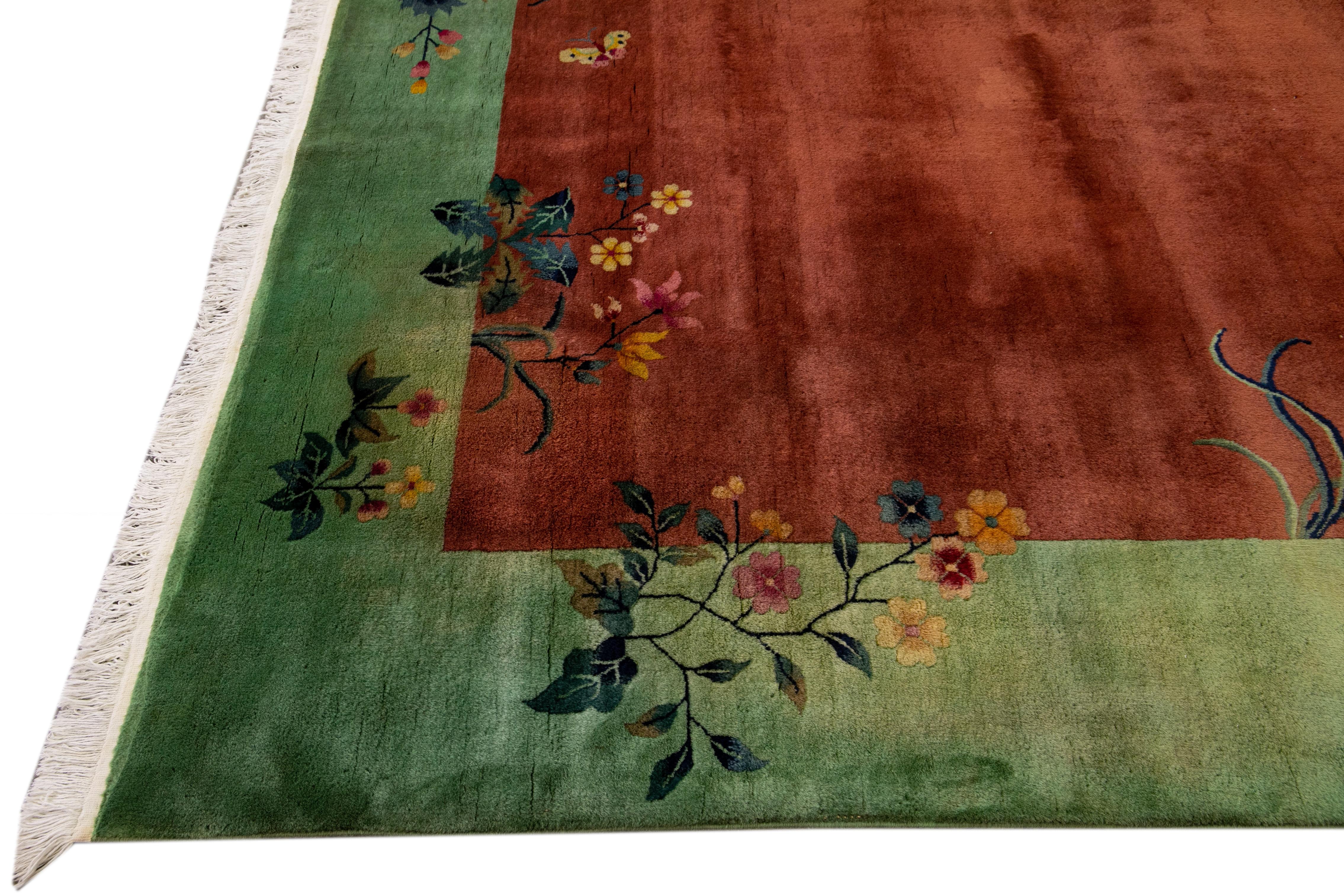 Antique Art Deco Handmade Floral Chinese Green and Brown Wool Rug In Excellent Condition For Sale In Norwalk, CT
