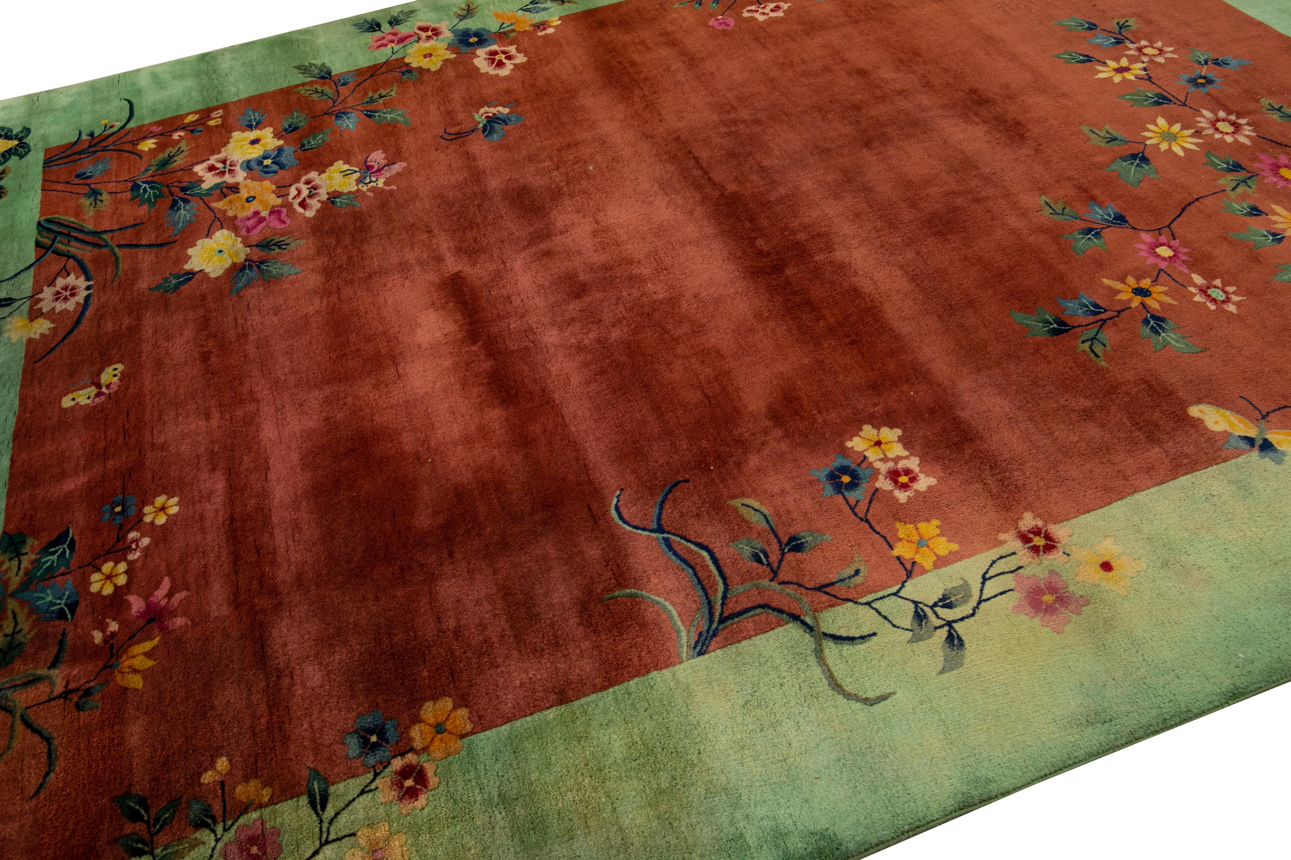 20th Century Antique Art Deco Handmade Floral Chinese Green and Brown Wool Rug For Sale