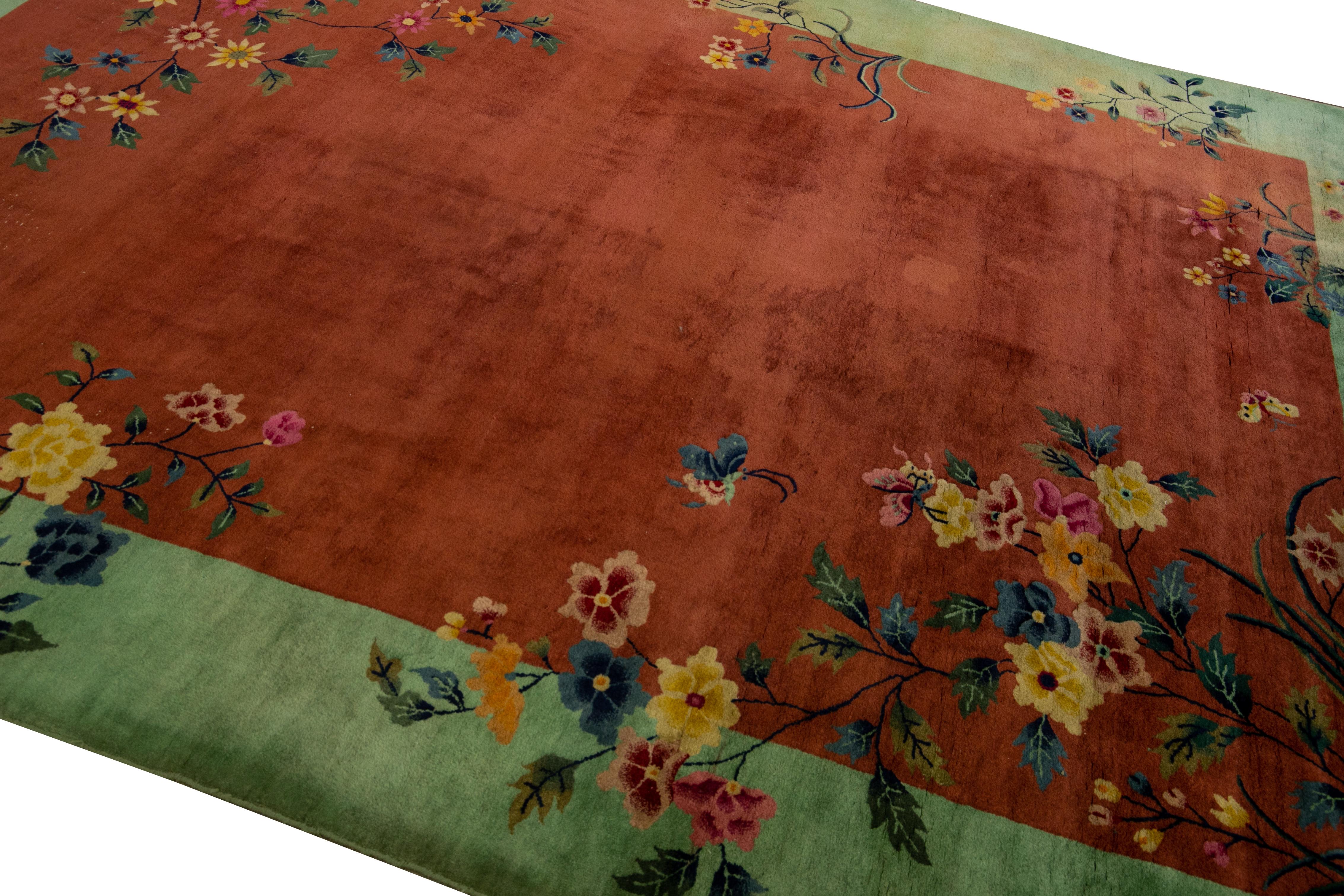 Other Antique Art Deco Handmade Floral Chinese Green and Brown Wool Rug For Sale