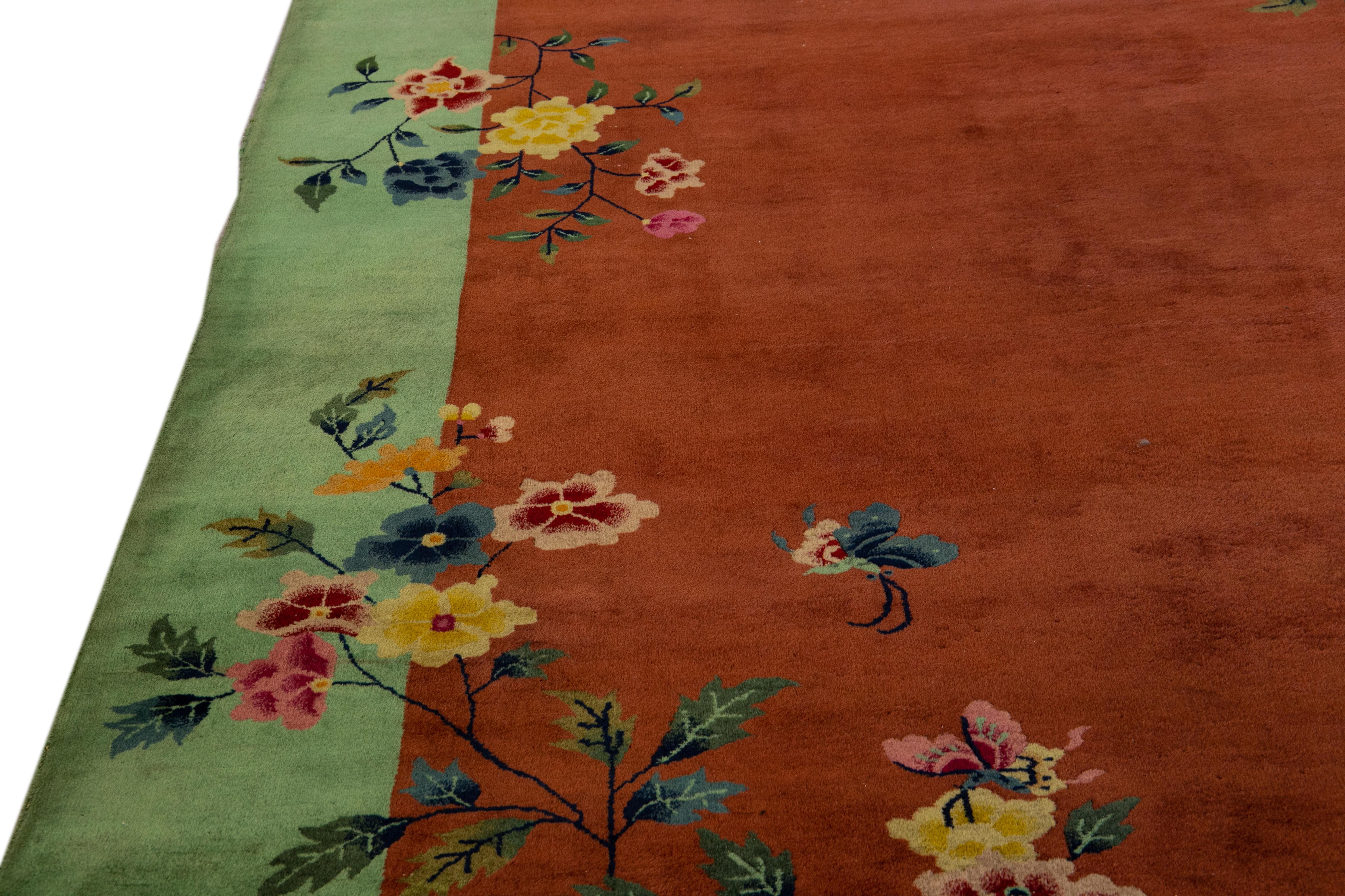 Antique Art Deco Handmade Floral Chinese Green and Brown Wool Rug For Sale 1