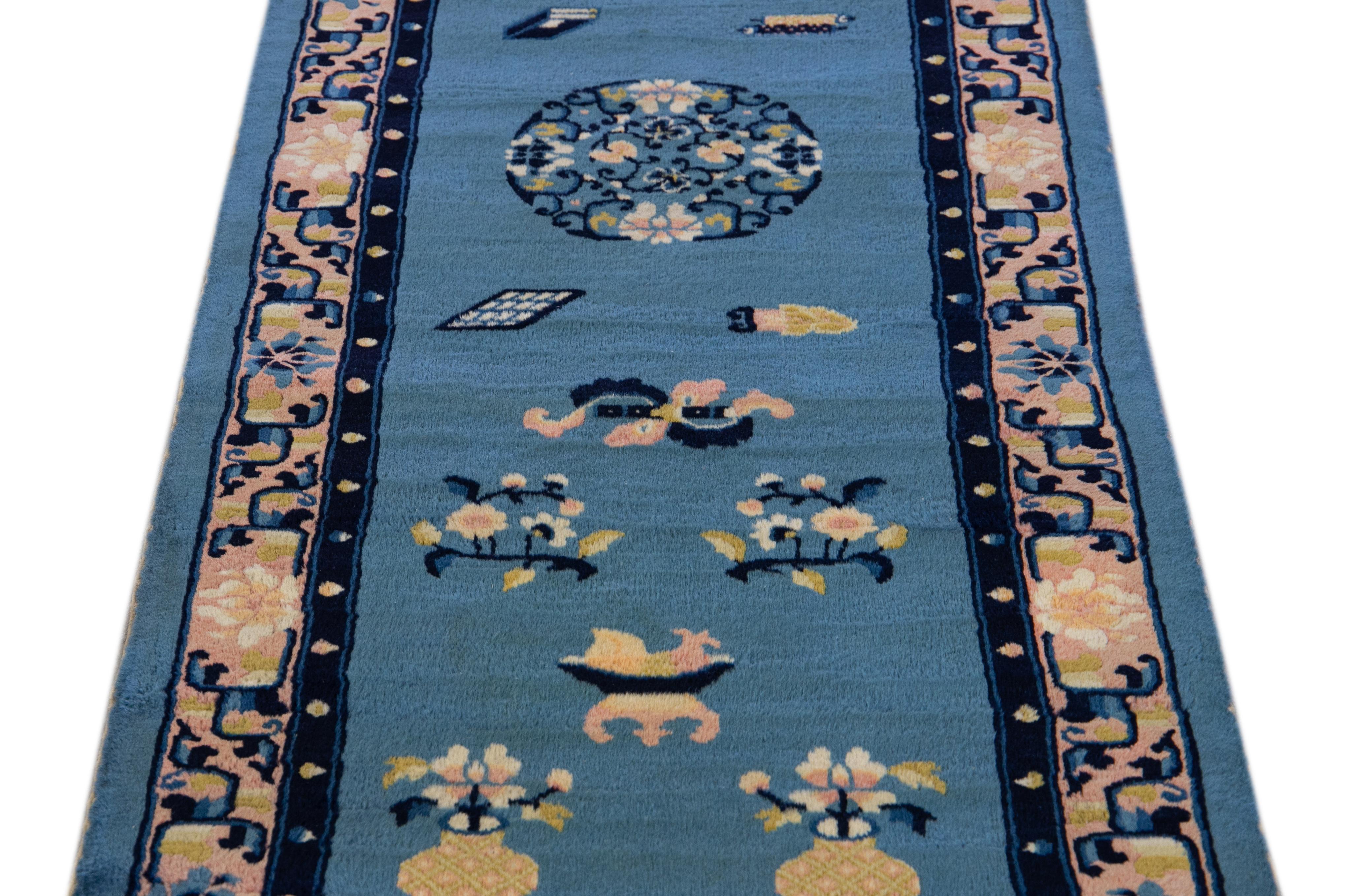 Hand-Knotted Antique Art Deco Handmade Floral Chinese Motif Blue Wool Runner