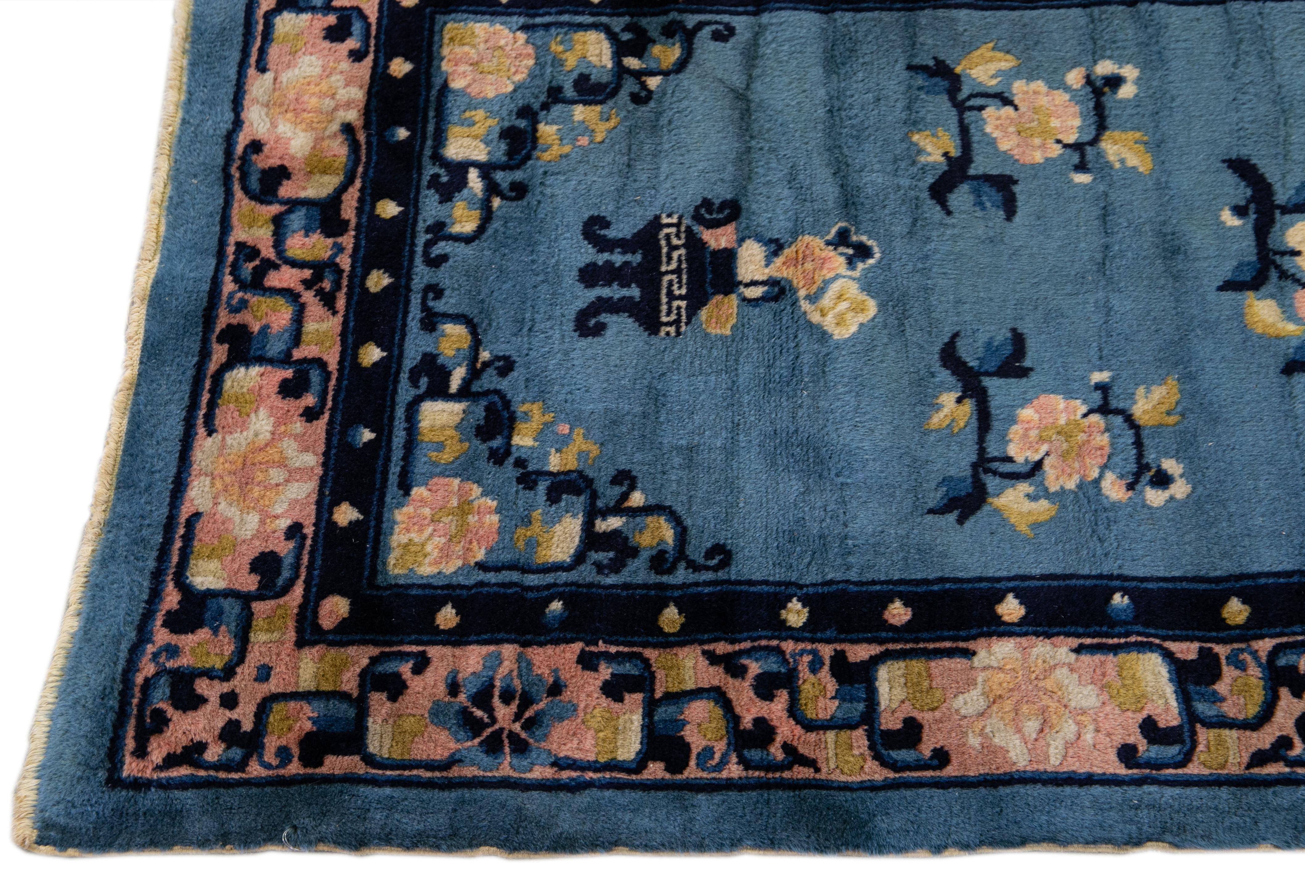 Antique Art Deco Handmade Floral Chinese Motif Blue Wool Runner In Excellent Condition In Norwalk, CT