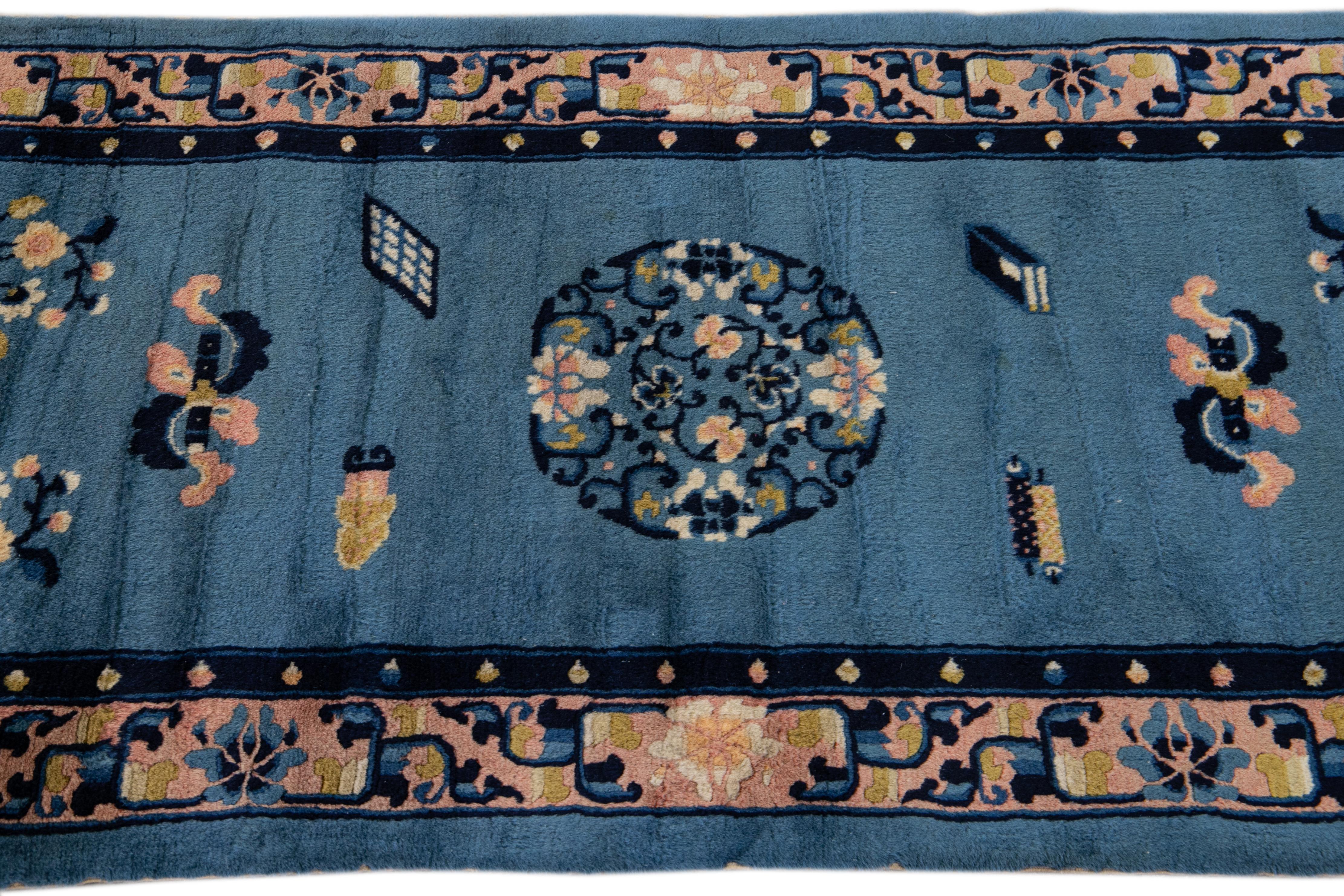 Other Antique Art Deco Handmade Floral Chinese Motif Blue Wool Runner