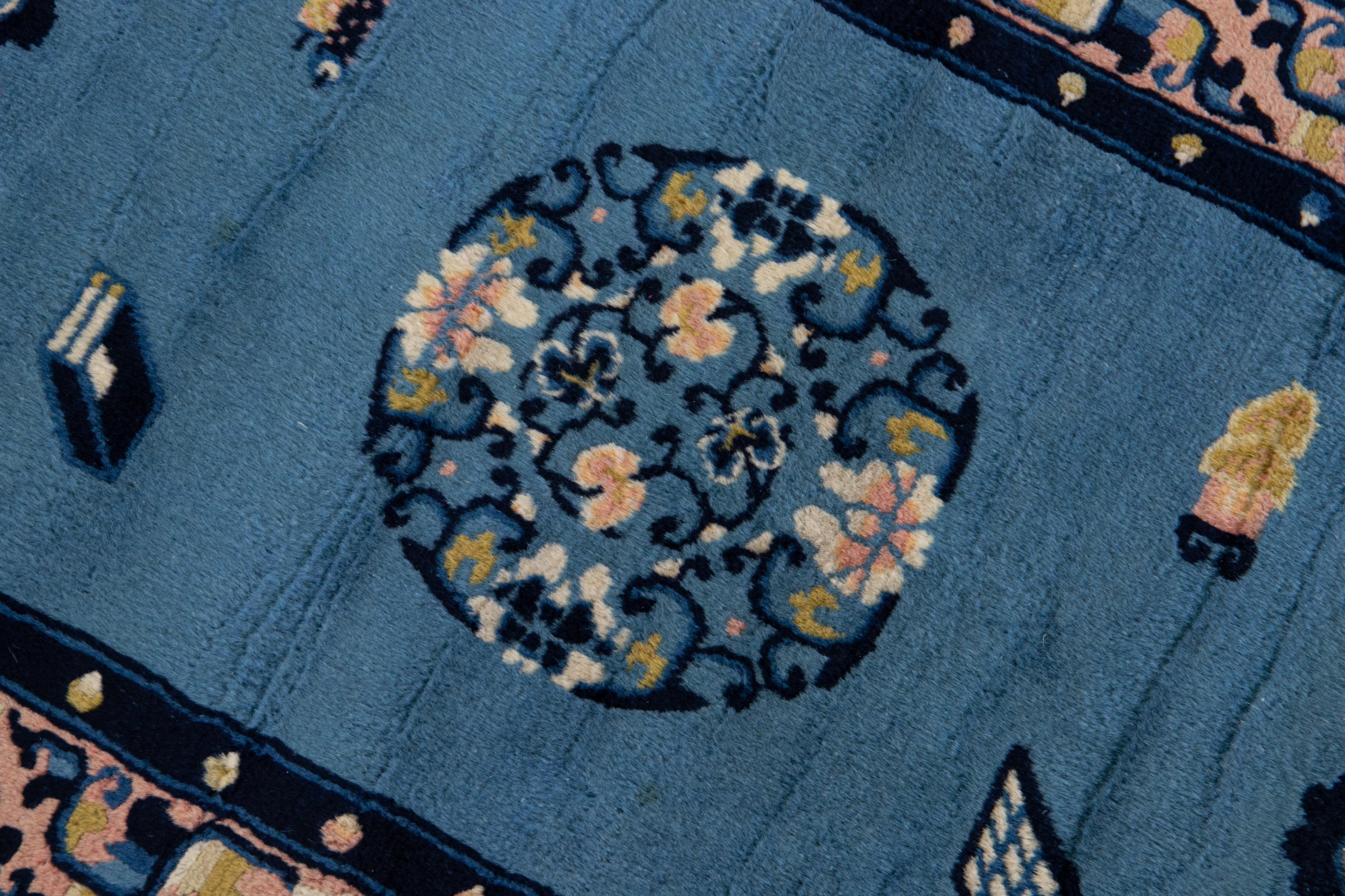 Antique Art Deco Handmade Floral Chinese Motif Blue Wool Runner 1