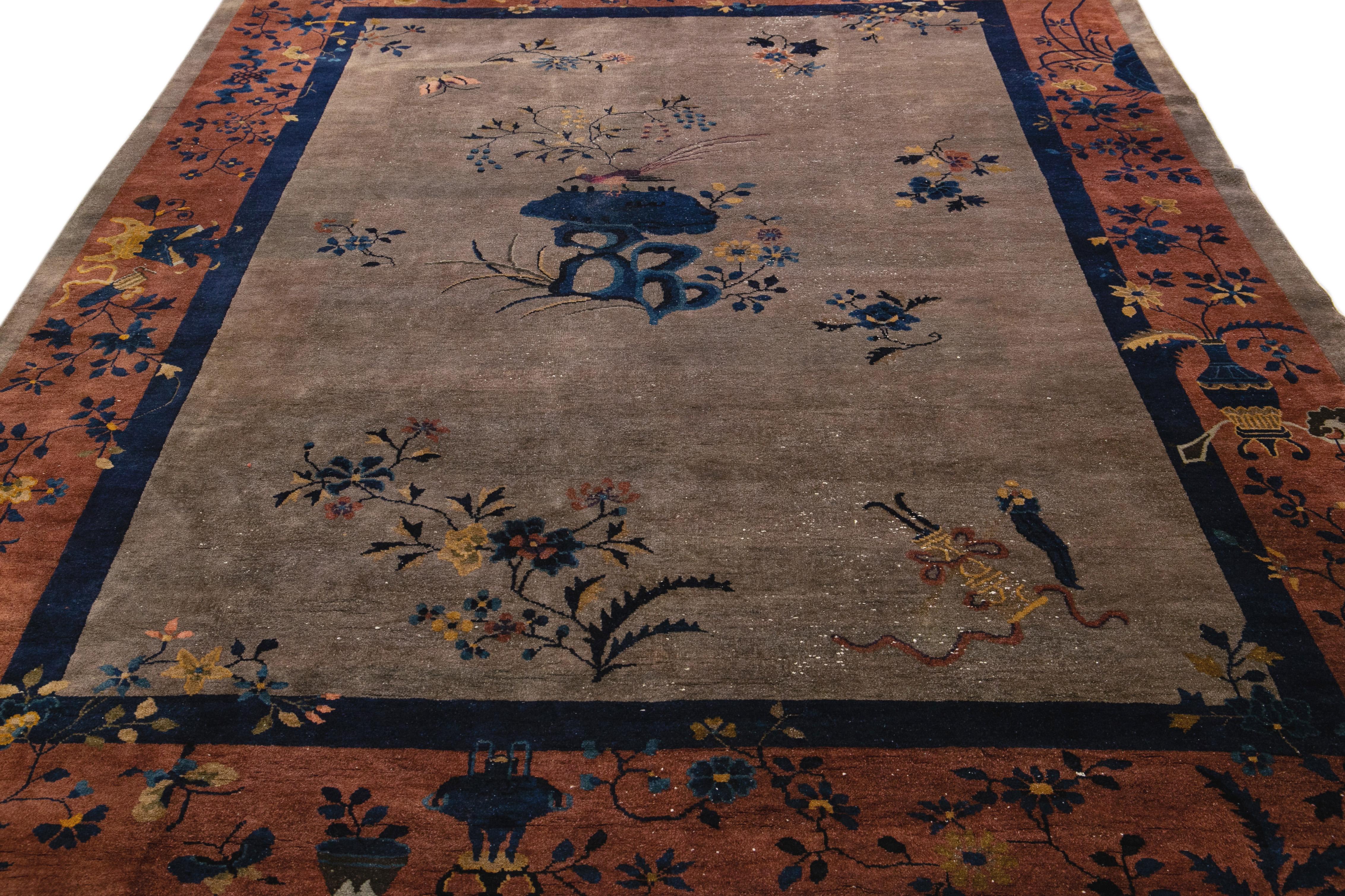 Hand-Knotted Antique Art Deco Handmade Floral Chinese Motif Wool Rug For Sale