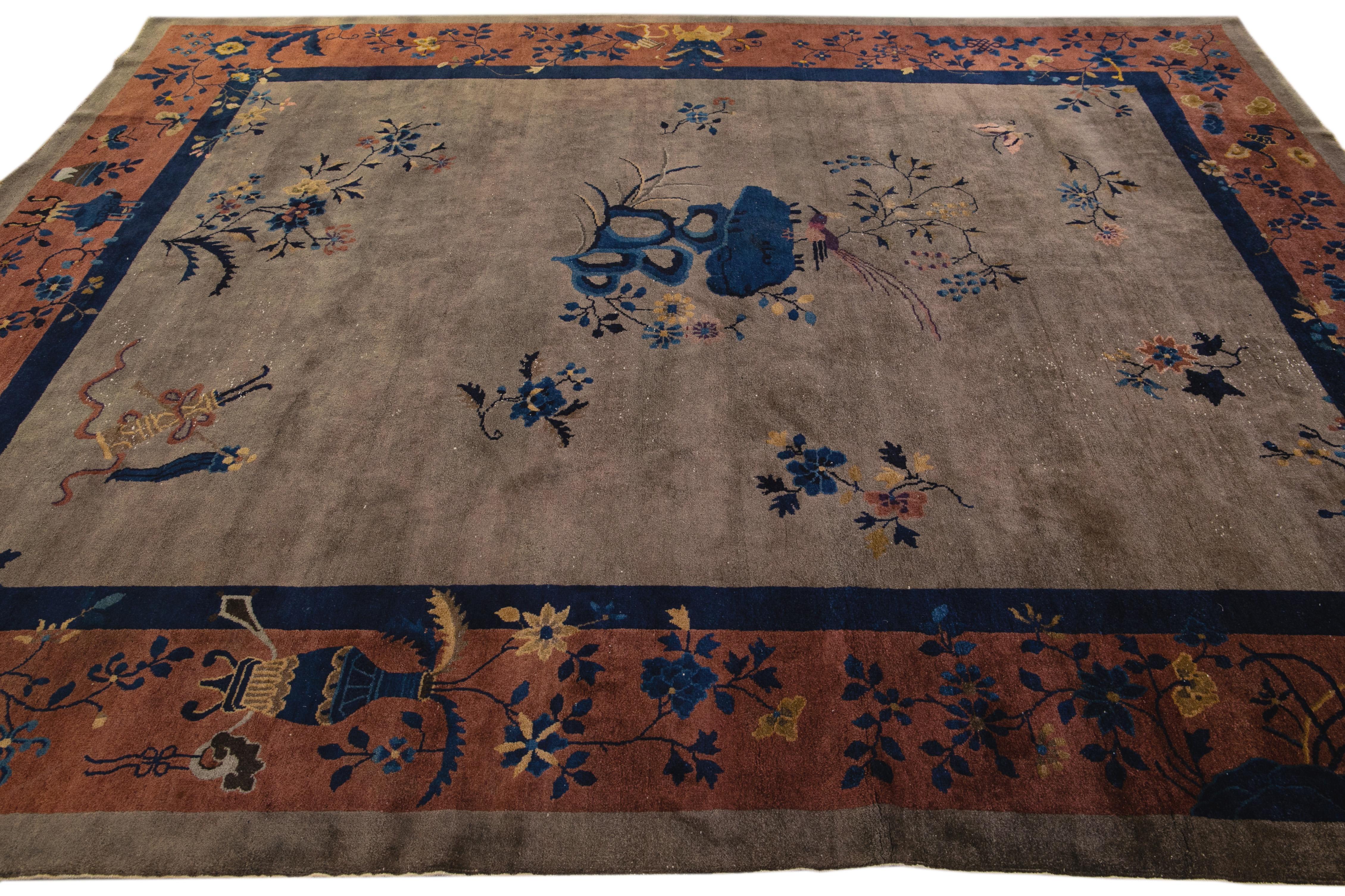 Other Antique Art Deco Handmade Floral Chinese Motif Wool Rug For Sale