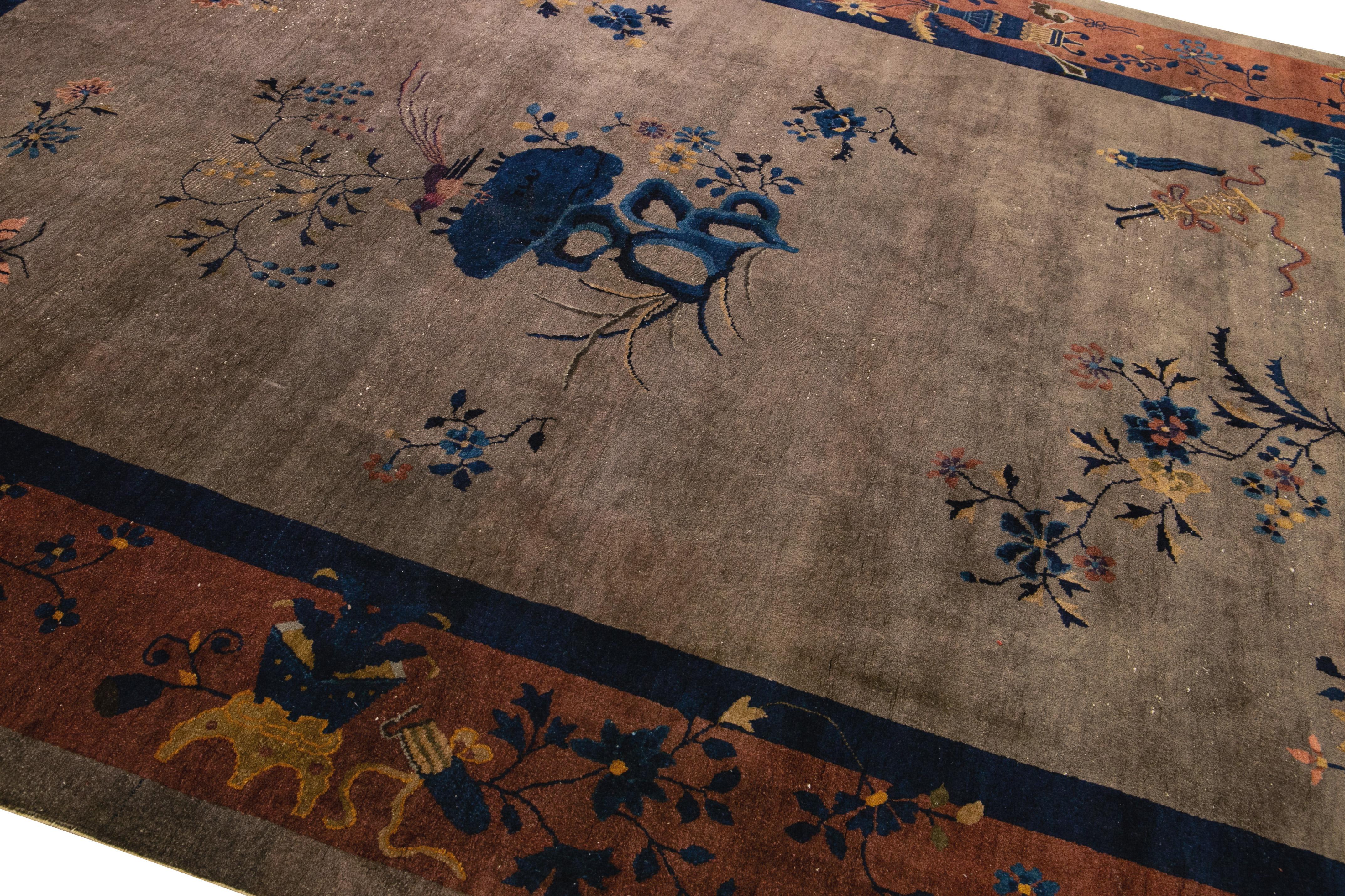 Antique Art Deco Handmade Floral Chinese Motif Wool Rug For Sale 2