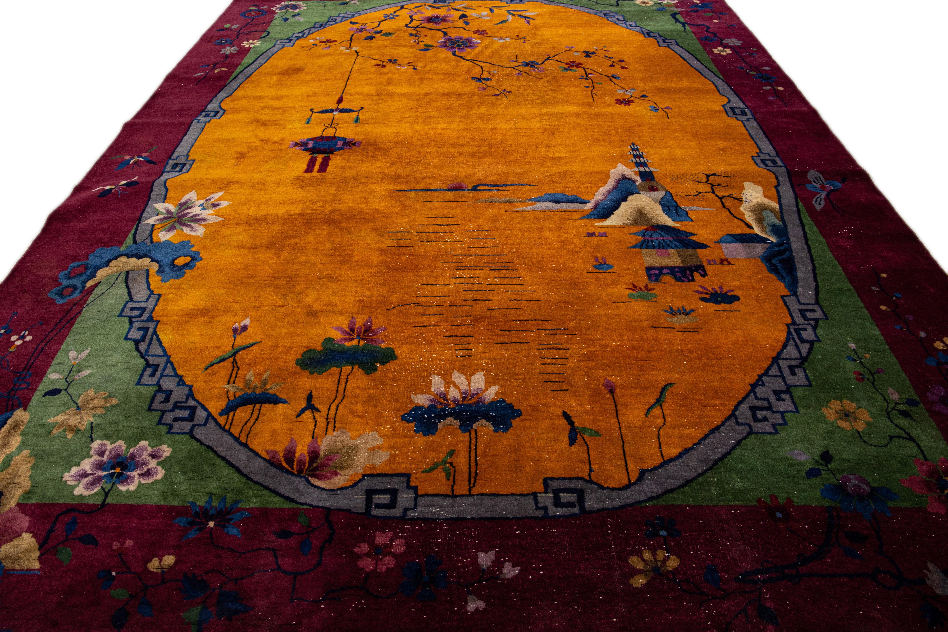 Hand-Knotted Antique Art Deco Handmade Floral Multicolor Chinese Wool Rug For Sale