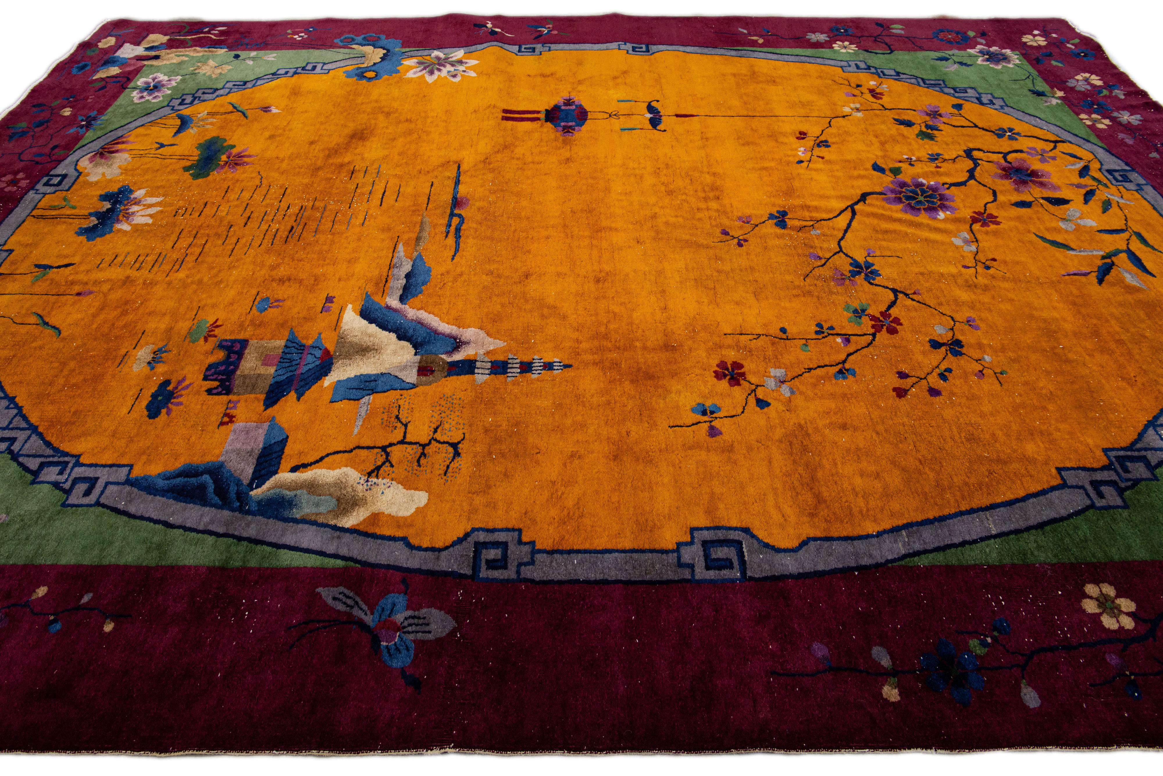 20th Century Antique Art Deco Handmade Floral Multicolor Chinese Wool Rug For Sale