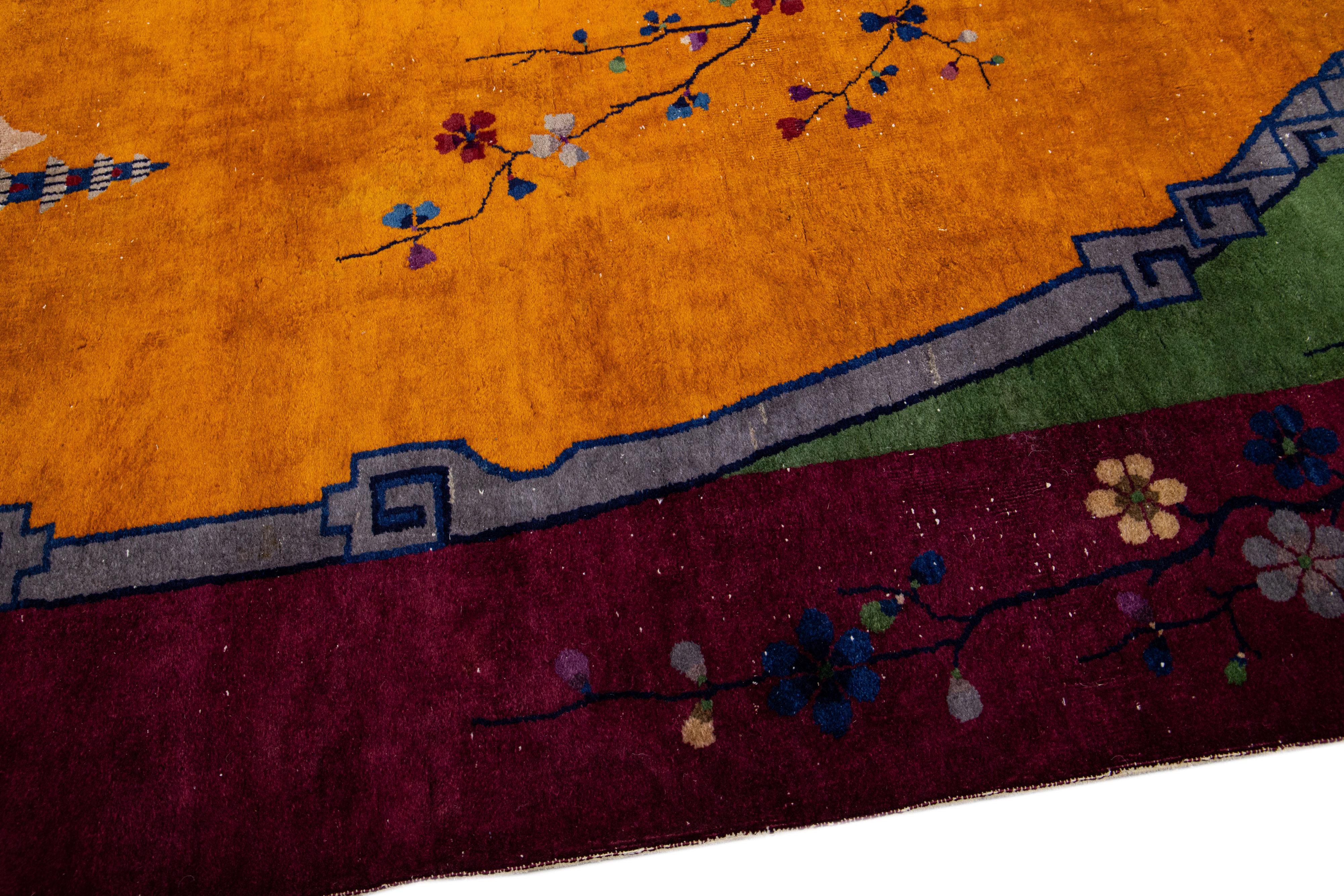 Antique Art Deco Handmade Floral Multicolor Chinese Wool Rug For Sale 1