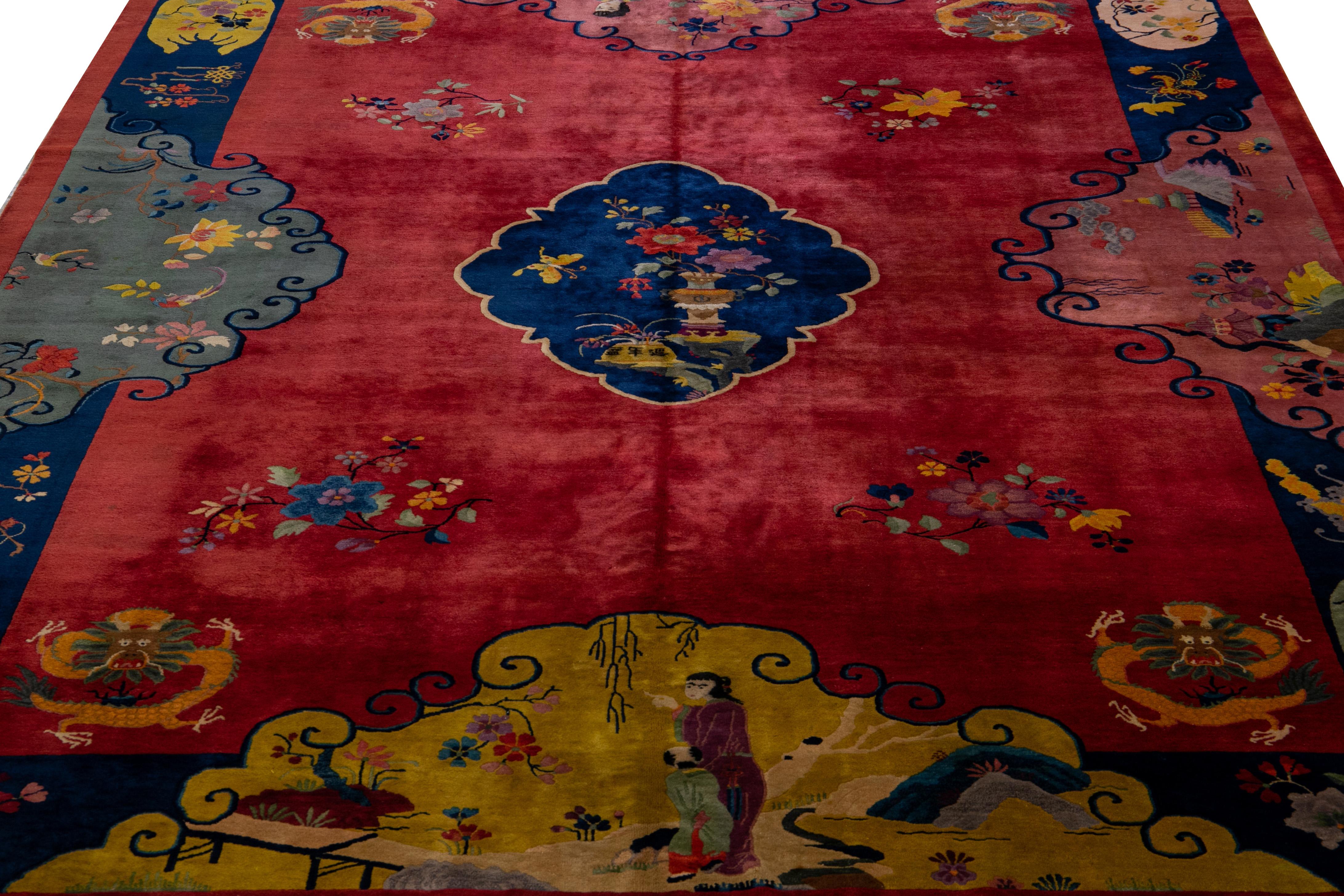 Hand-Knotted Antique Art Deco Handmade Multicolor Chinese Culture Designed Red Wool Rug For Sale