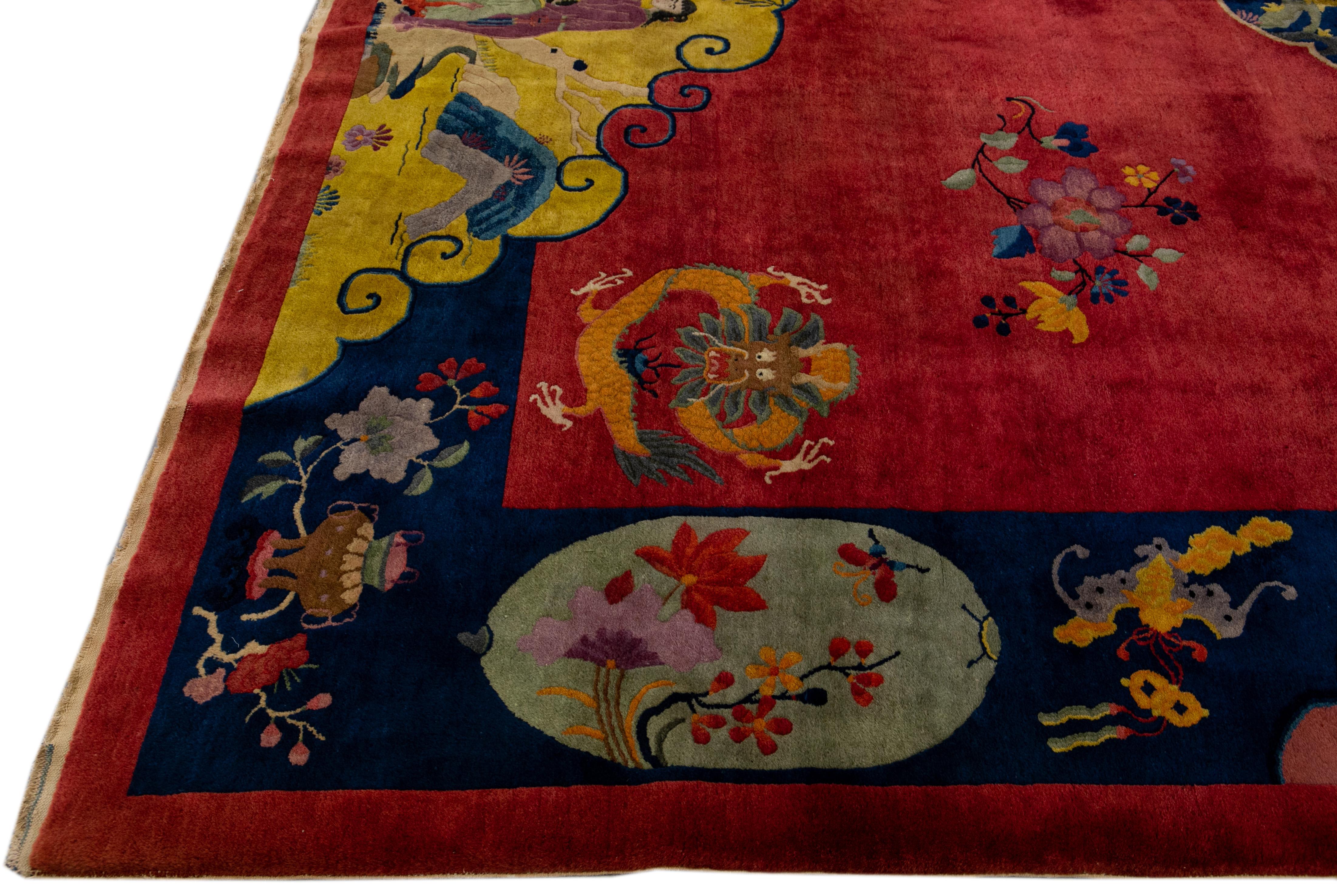 Antique Art Deco Handmade Multicolor Chinese Culture Designed Red Wool Rug In Good Condition For Sale In Norwalk, CT