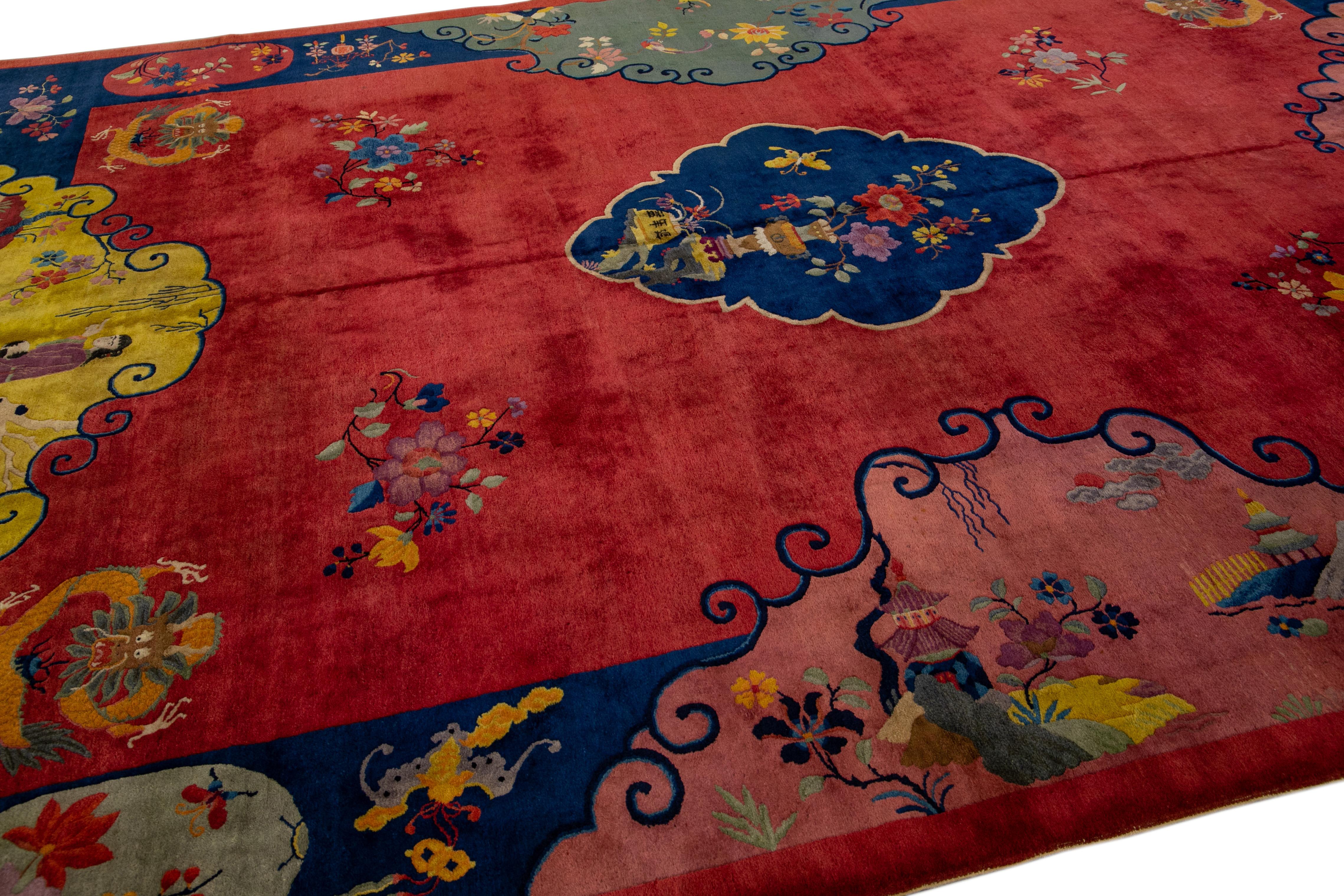20th Century Antique Art Deco Handmade Multicolor Chinese Culture Designed Red Wool Rug For Sale