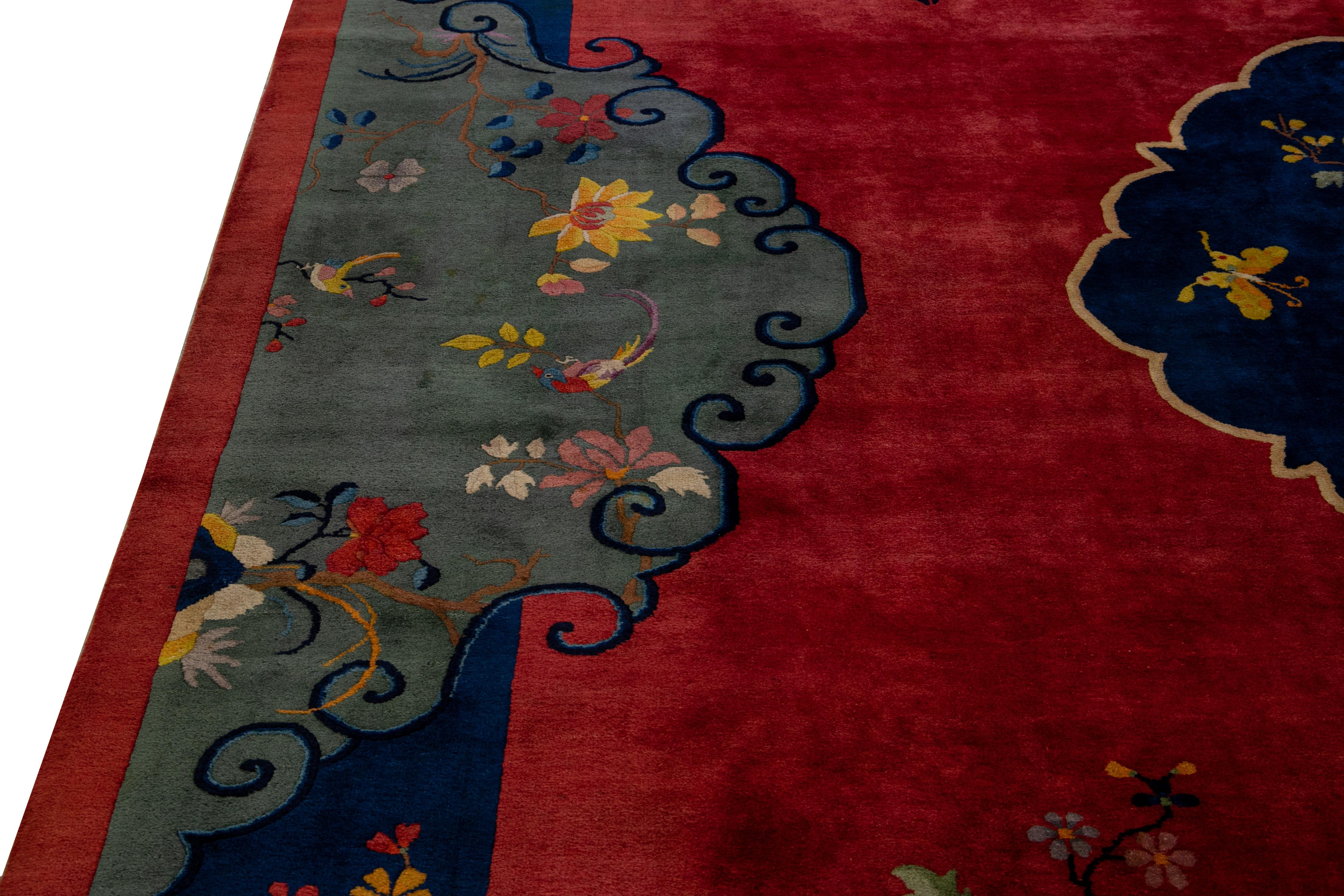 Other Antique Art Deco Handmade Multicolor Chinese Culture Designed Red Wool Rug For Sale