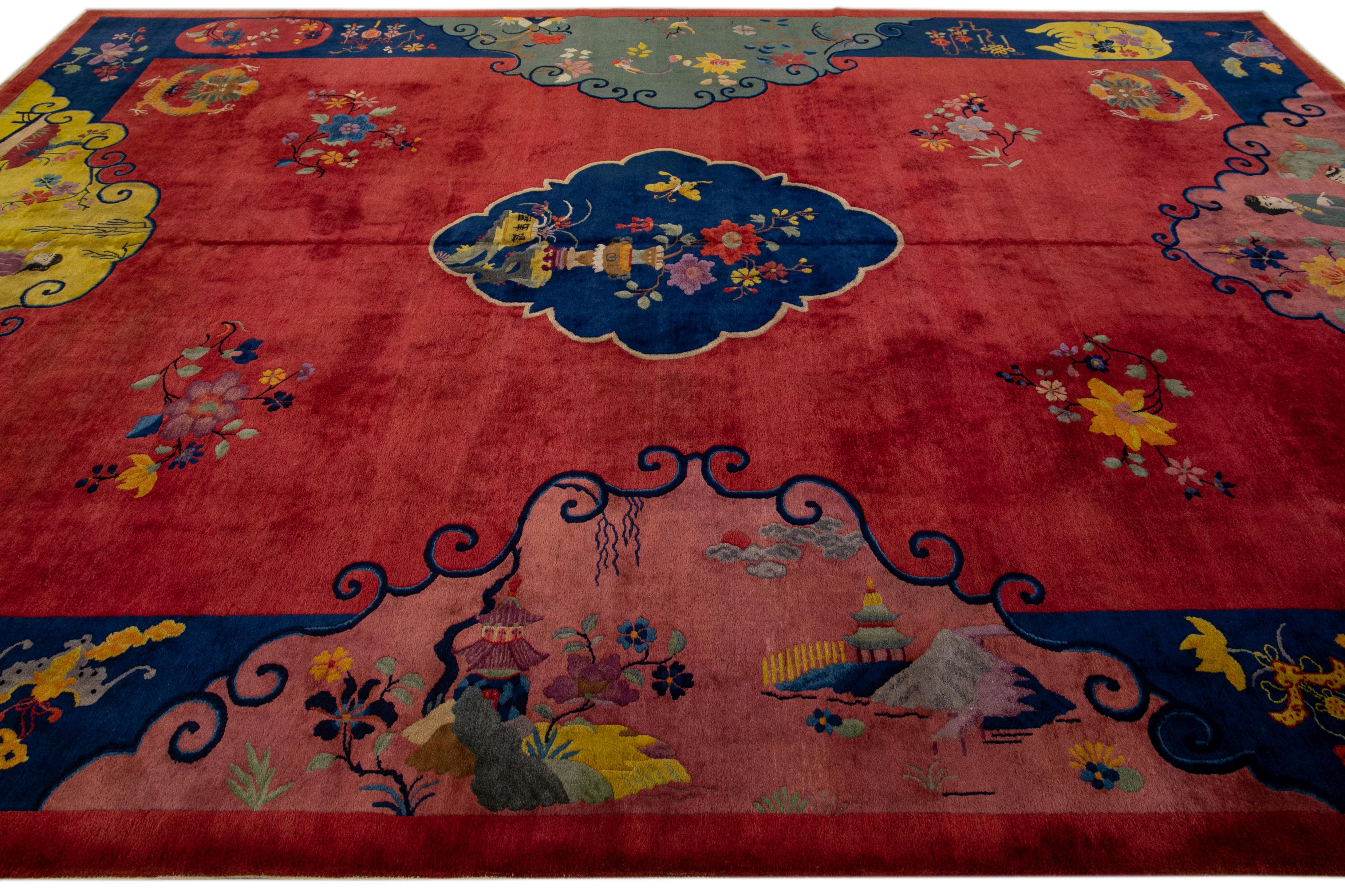 Antique Art Deco Handmade Multicolor Chinese Culture Designed Red Wool Rug For Sale 1
