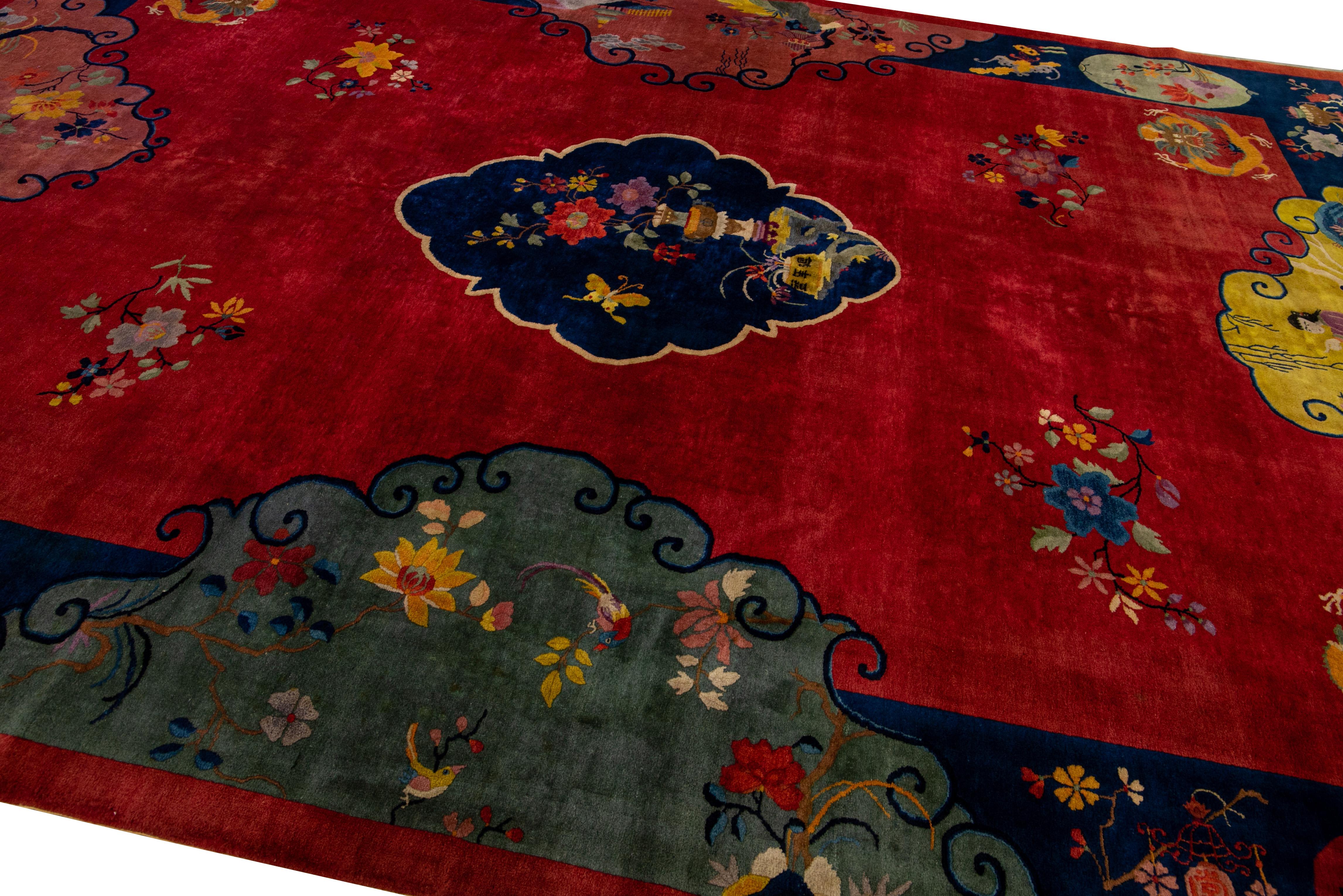 Antique Art Deco Handmade Multicolor Chinese Culture Designed Red Wool Rug For Sale 2