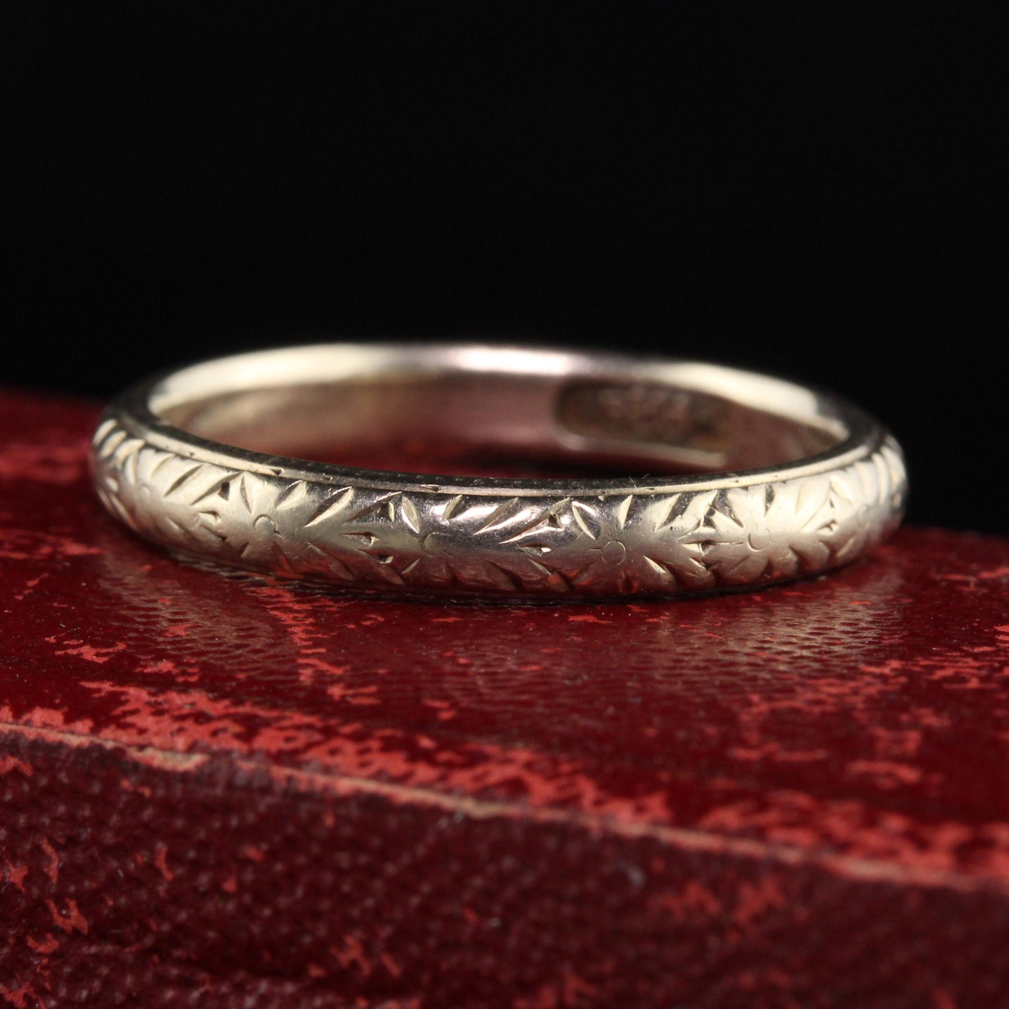 Beautiful Antique Art Deco Hayden W. Wheeler 18K White Gold Engraved Wedding Band. This gorgeous wedding band was made by Hayden Wheeler company and is crafted in 18K white gold. This ring has engravings going around the entire ring and 
