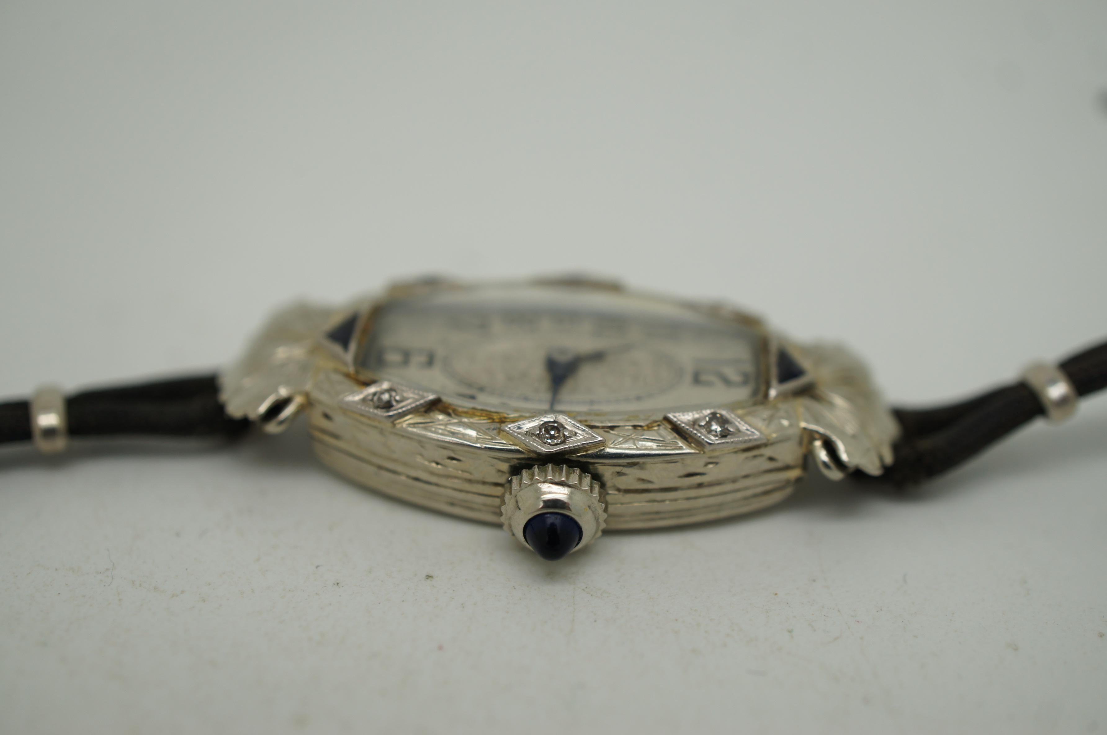 Antike Art Deco Hayne Watch Co Damenarmbanduhr mit Platinbesatz 18K 17J mit Platinbesatz, Art déco im Angebot 2