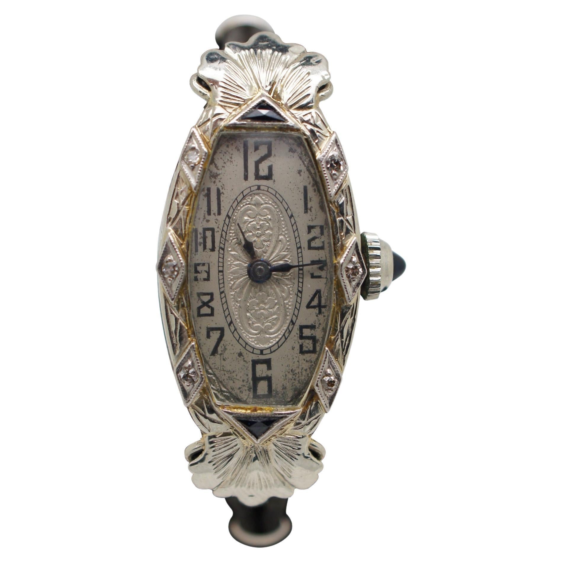 Antike Art Deco Hayne Watch Co Damenarmbanduhr mit Platinbesatz 18K 17J mit Platinbesatz, Art déco