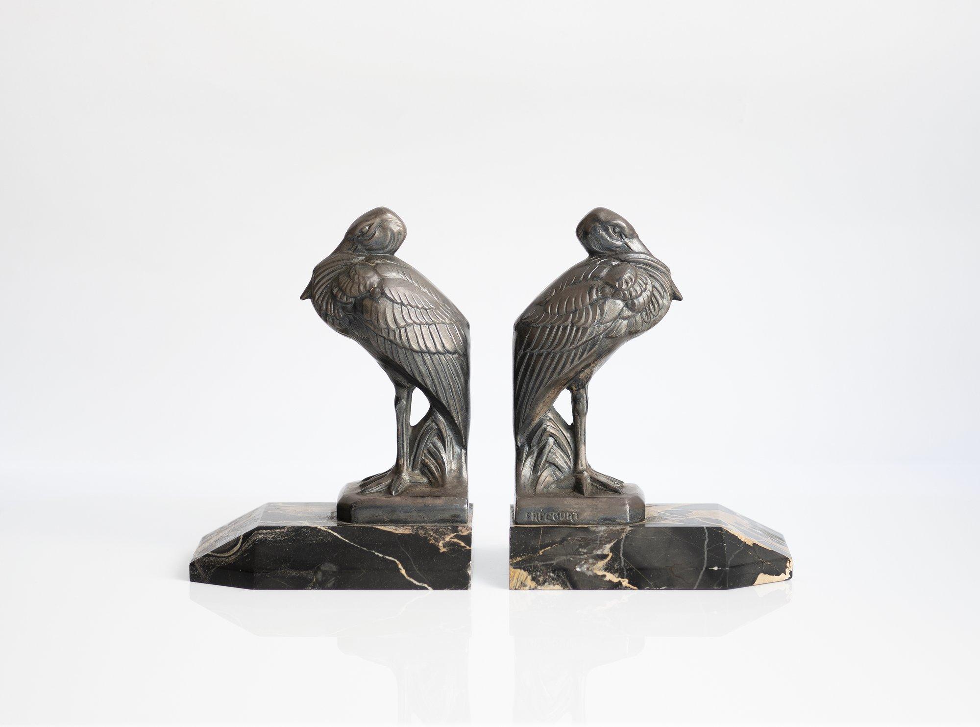 Hand-Crafted Antique Art Deco ''Heron'' Bookends by Maurice Frecourt 1930 France Art Nouveau For Sale