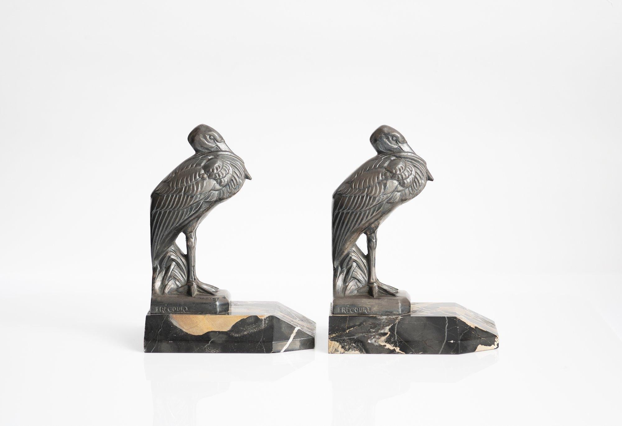Spelter Antique Art Deco ''Heron'' Bookends by Maurice Frecourt 1930 France Art Nouveau For Sale