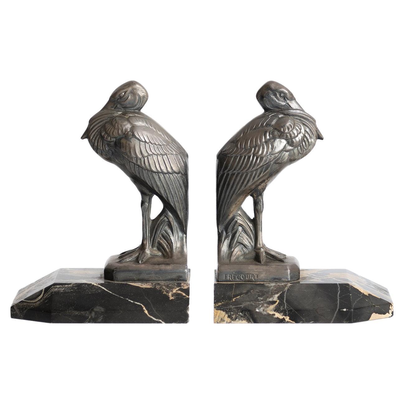 Antique Art Deco ''Heron'' Bookends by Maurice Frecourt 1930 France Art Nouveau For Sale