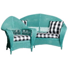 Antiker Art Deco Heywood Wakefield Wicker Waterfall Settee & Stuhl:: 20