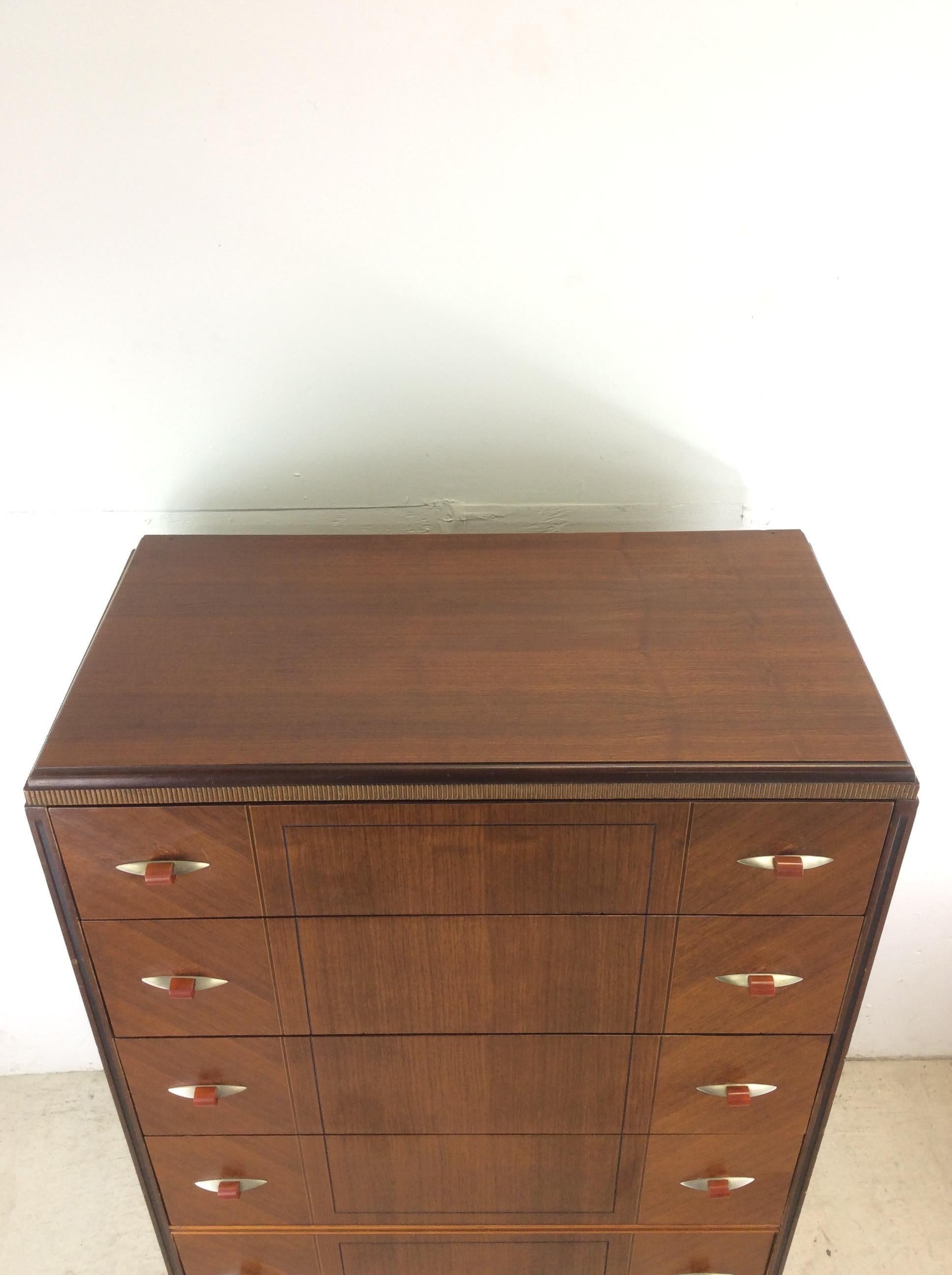 Mid-20th Century Antique Art Deco Highboy Dresser with Bakelite Hardware For Sale