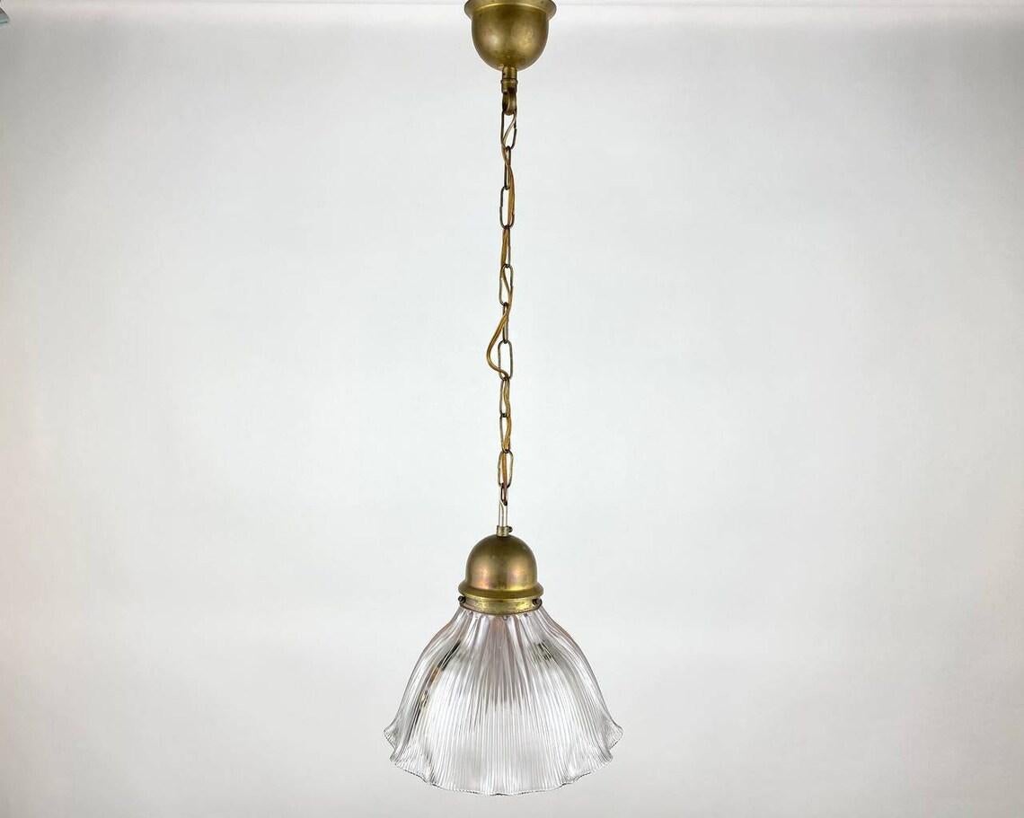 American Antique Art Deco Holophane Clear Ribbed Glass Chandelier, 1910s For Sale