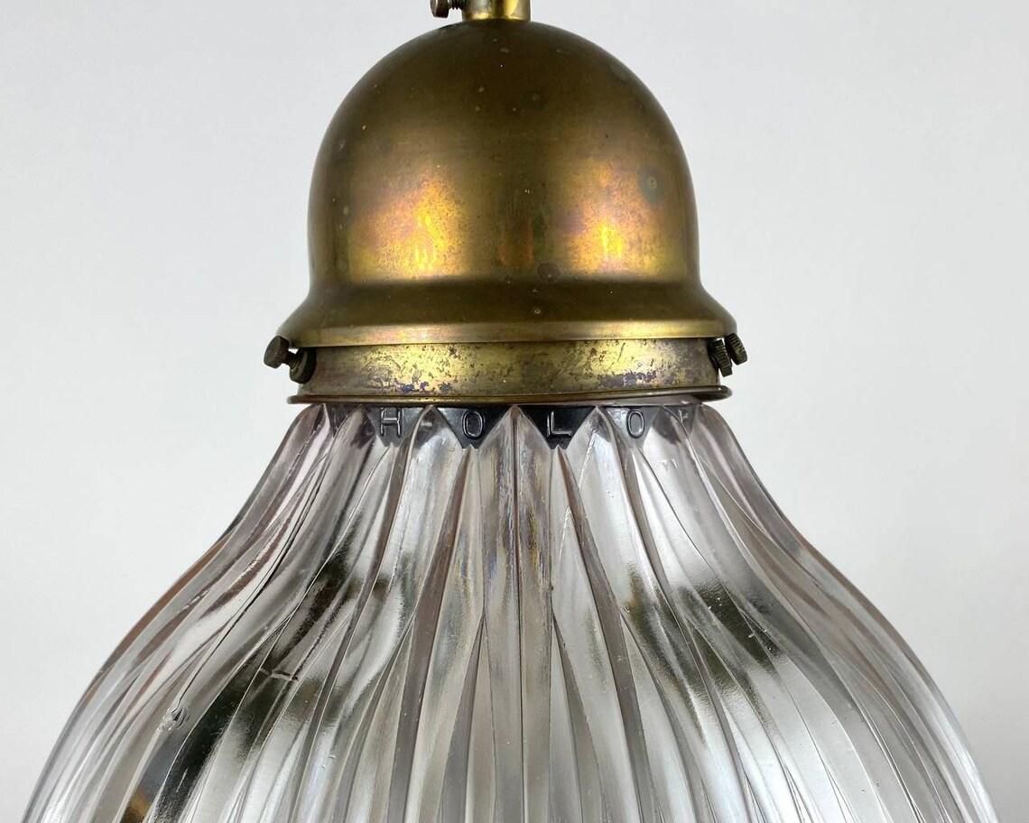 Antique Art Deco Holophane Clear Ribbed Glass Chandelier, 1910s In Good Condition For Sale In Bastogne, BE