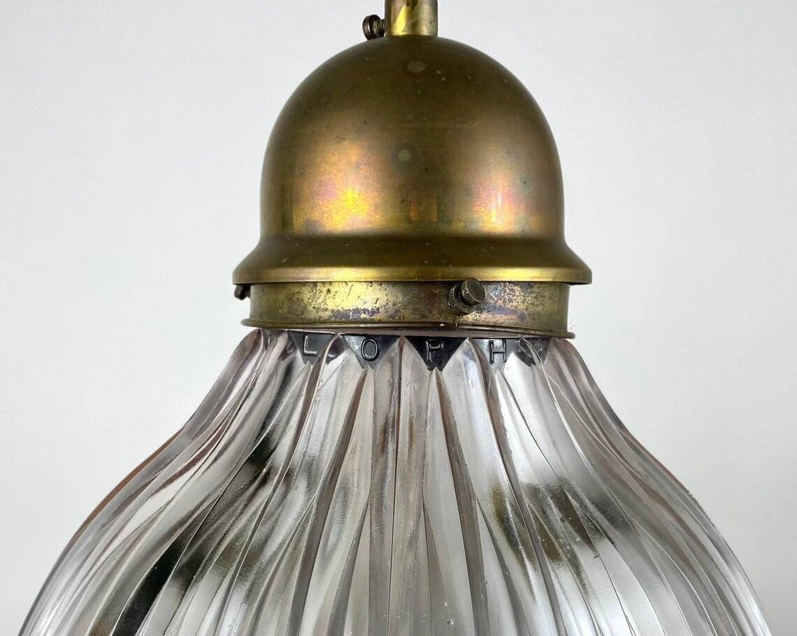 Early 20th Century Antique Art Deco Holophane Clear Ribbed Glass Chandelier, 1910s For Sale