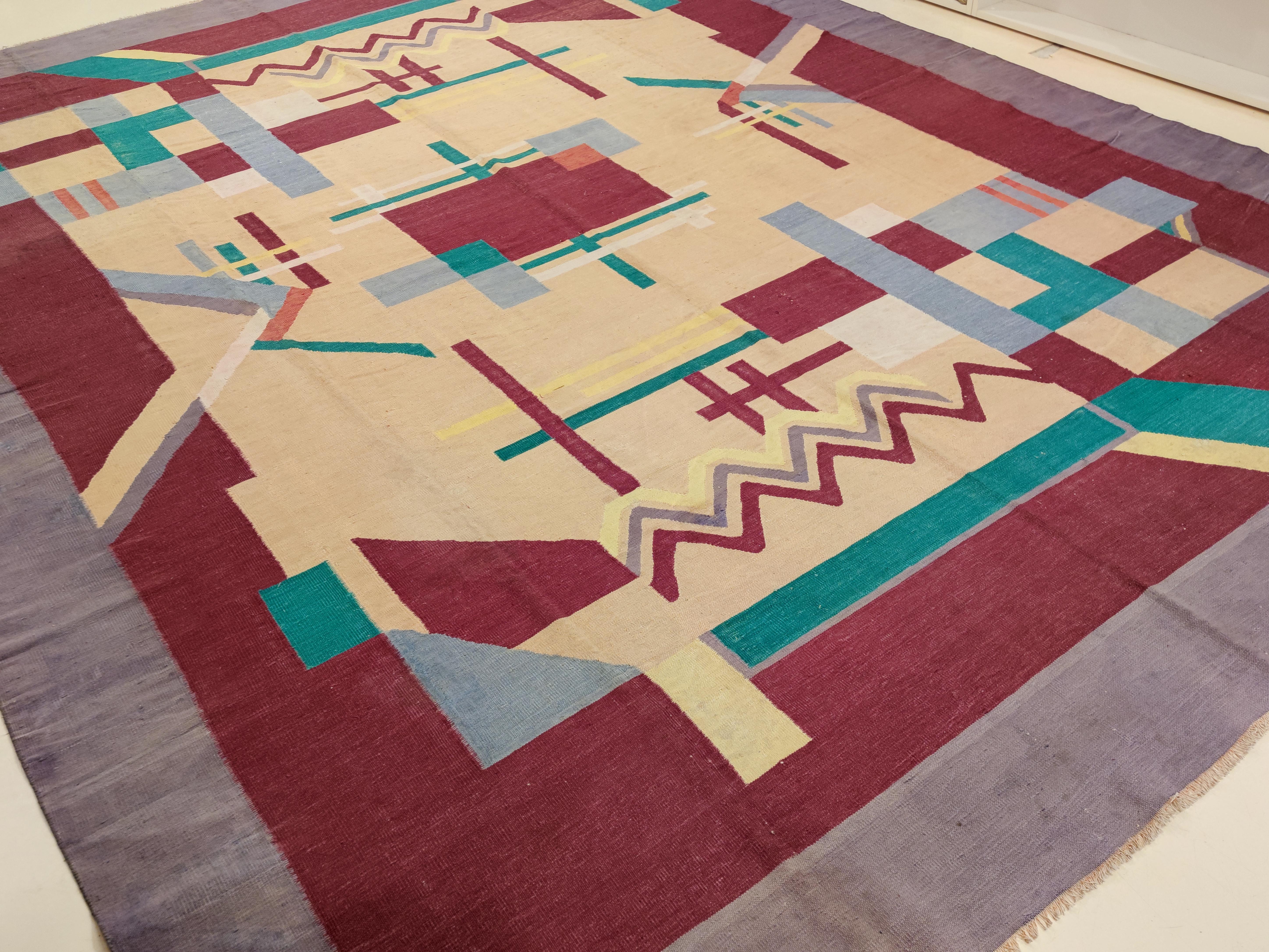 Hand-Woven Antique Art Deco Indian Cotton Dhurrie Rug, circa 1930 For Sale