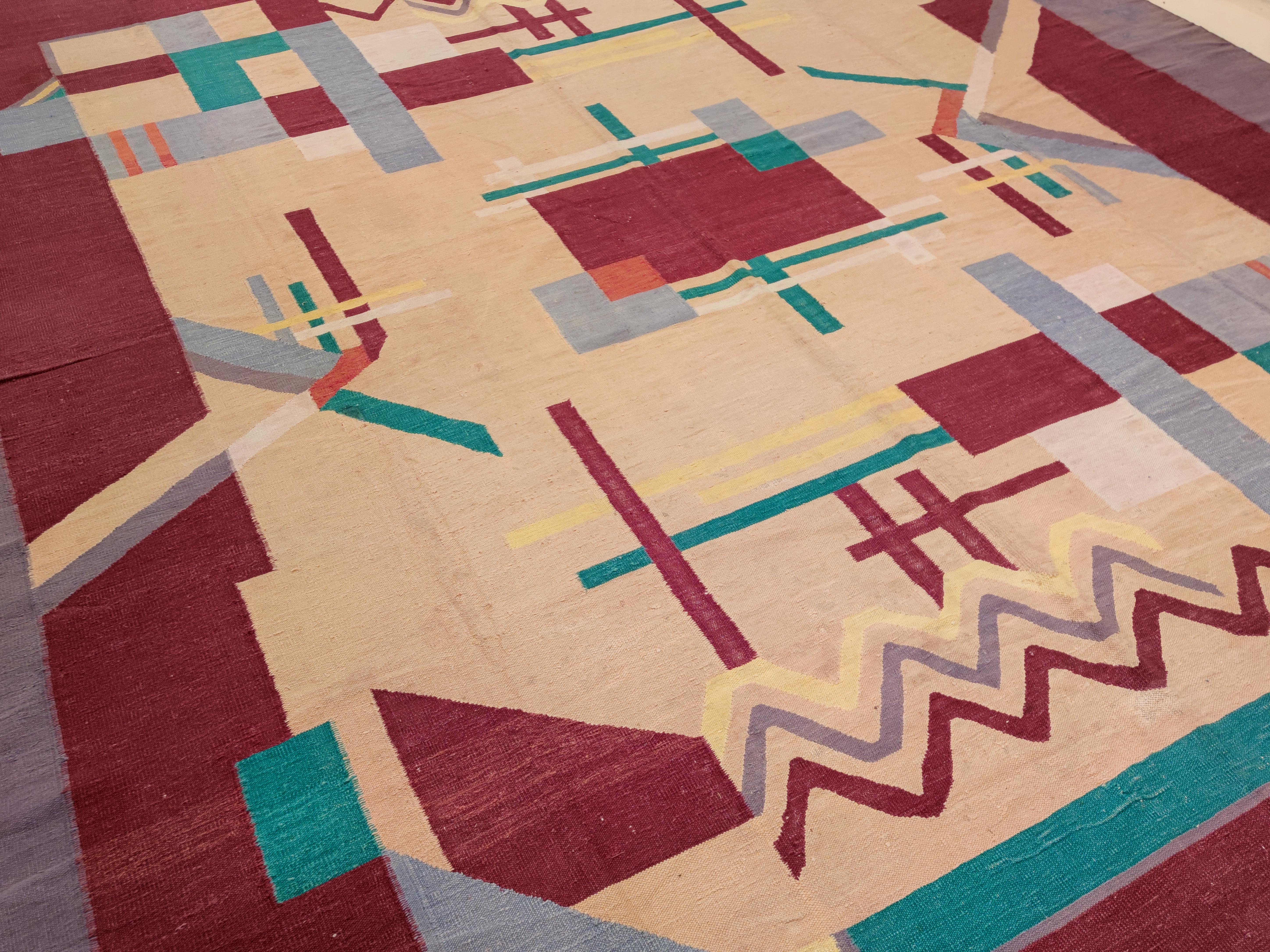 Mid-20th Century Antique Art Deco Indian Cotton Dhurrie Rug, circa 1930 For Sale