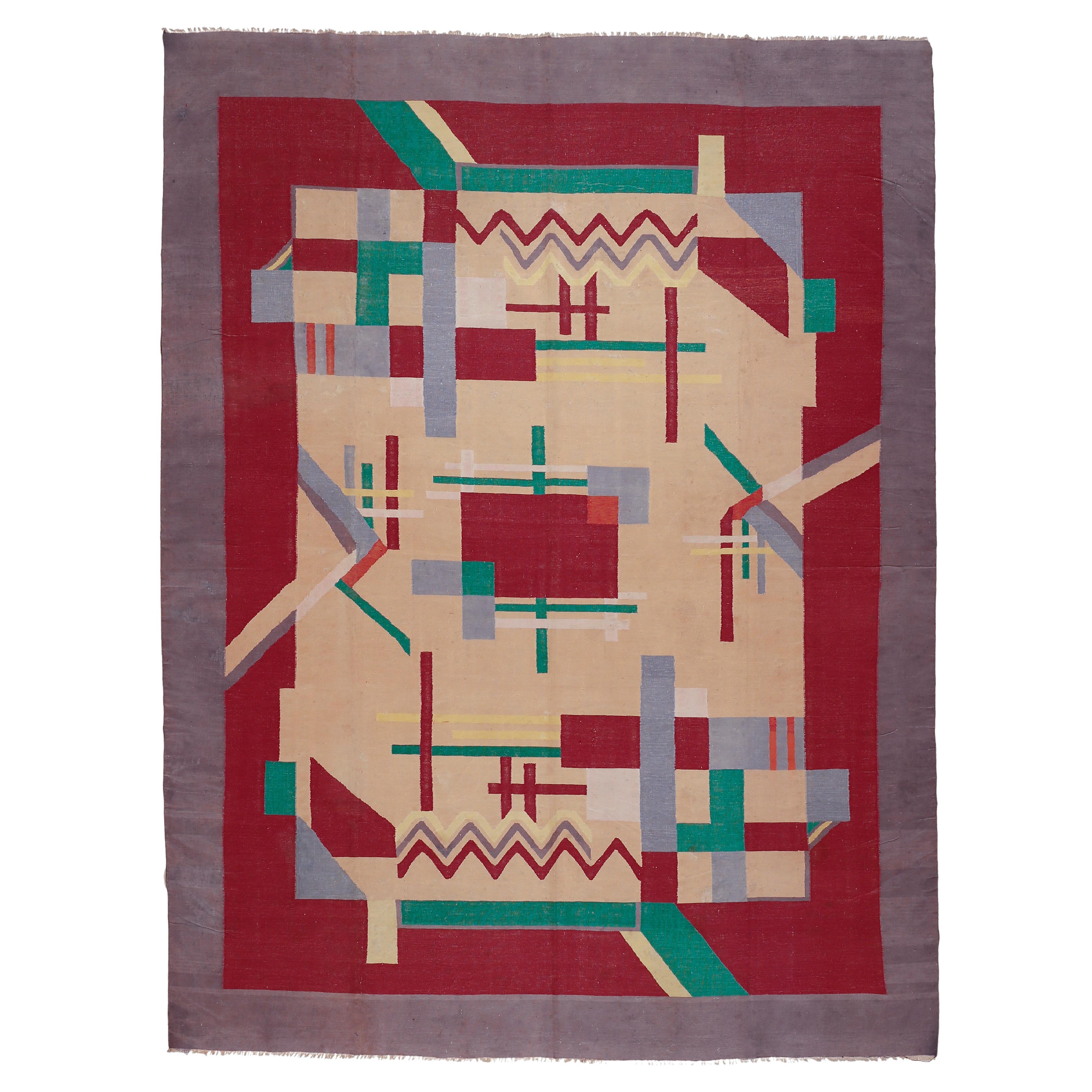 Antiker indischer Dhurrie-Teppich aus Baumwolle im Art déco-Stil, um 1930