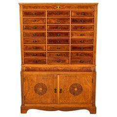 Antique Art Deco Inlaid Marquetry Walnut 24 Drawer Filing Collectors Cabinet