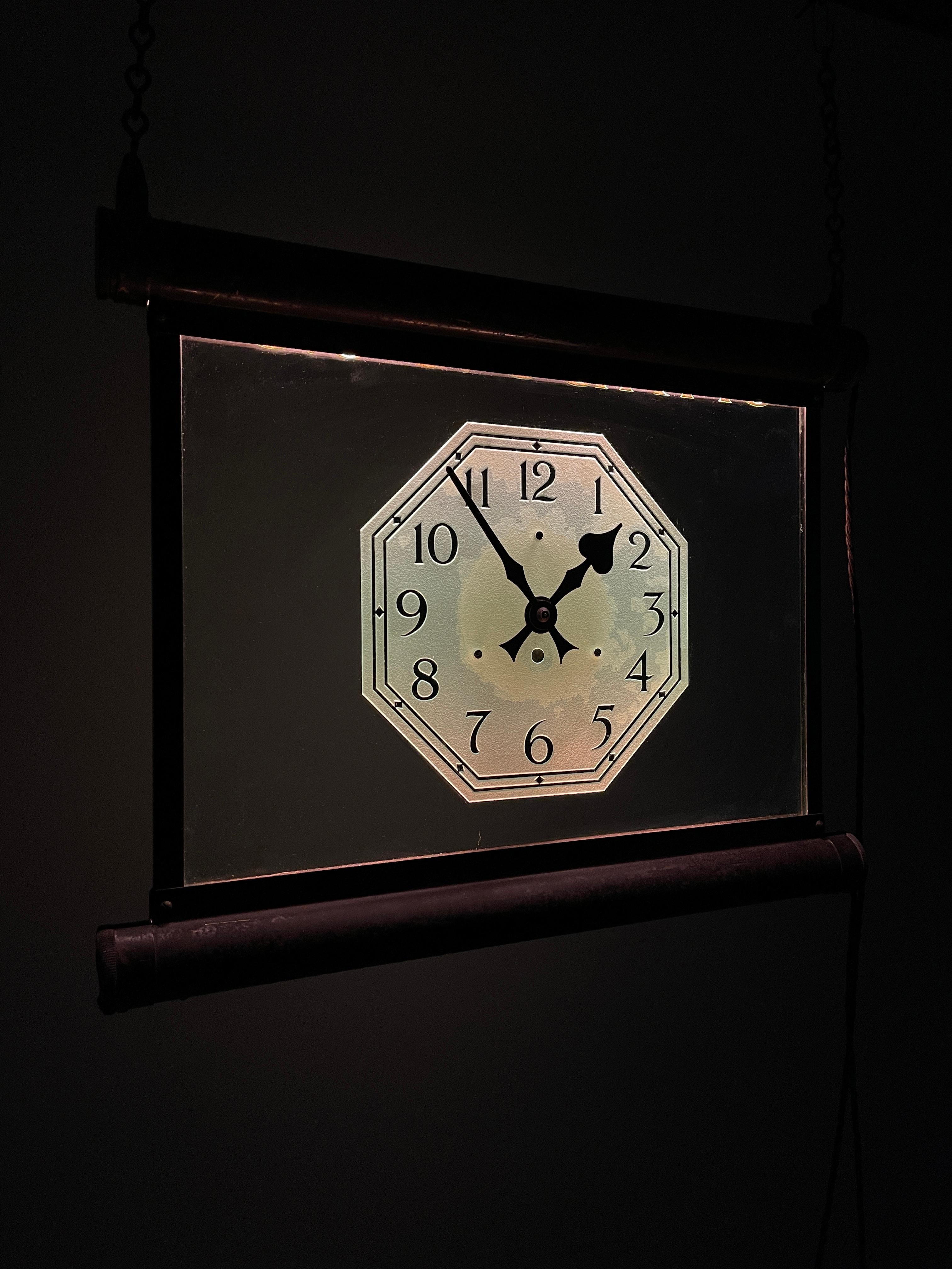 20th Century Antique Art Deco Internalite Illuminated Brass Glass Hanging Smiths Clock