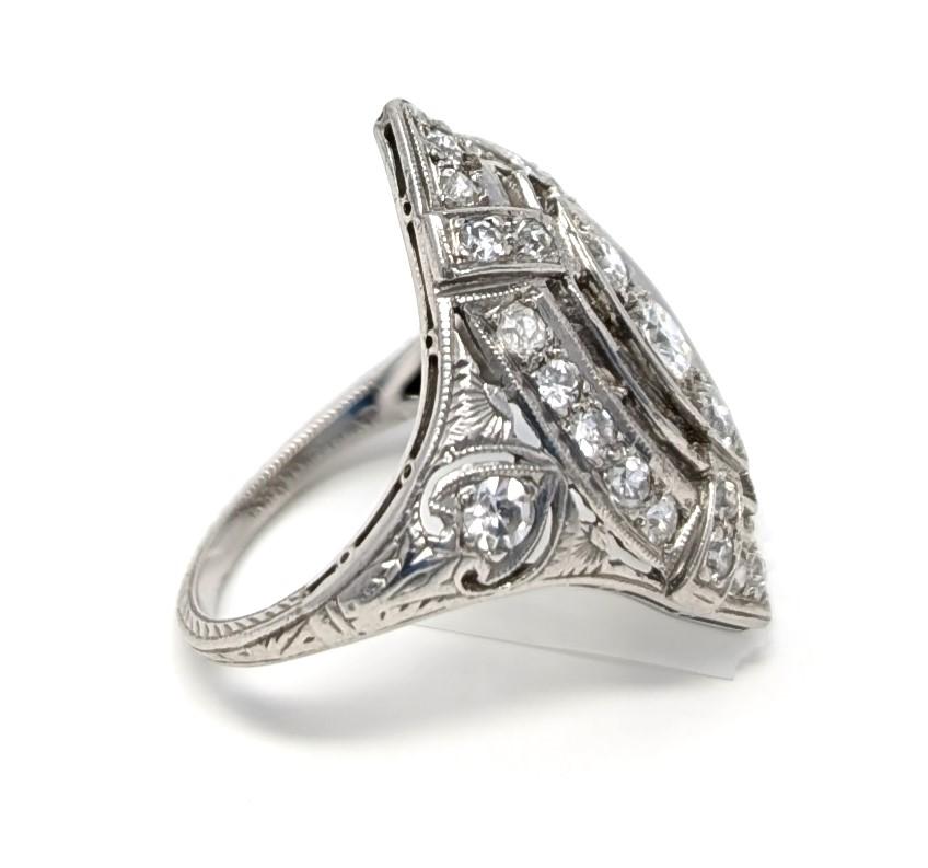 Round Cut Antique Art Deco Irid Platinum Diamond Ring Navette 1920's 1930's US Size 5.25 For Sale
